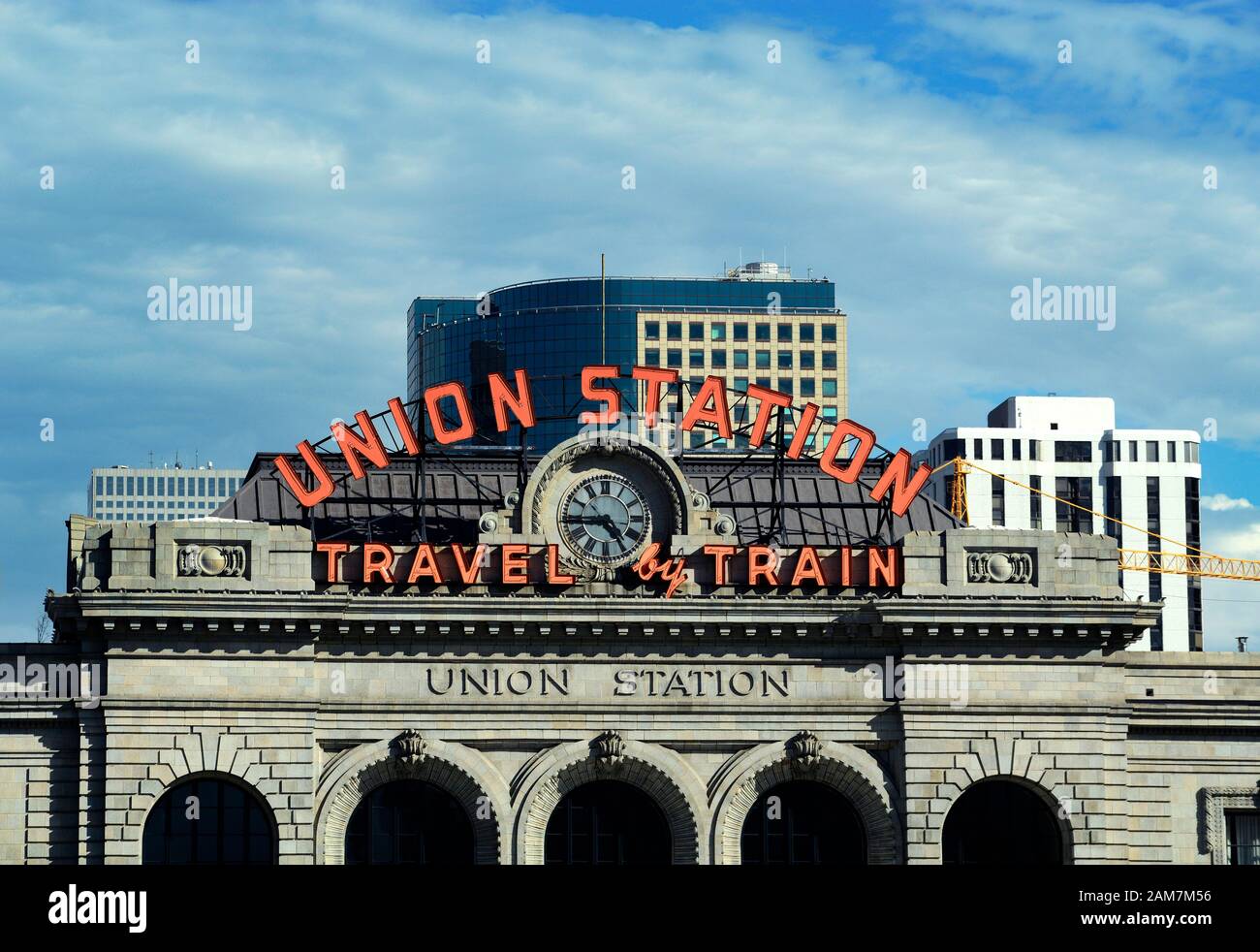 The historic Union Station in downtown Denver, Colorado, is a busy transportation hub offering train, Amtrak, light rail and bus service Stock Photo