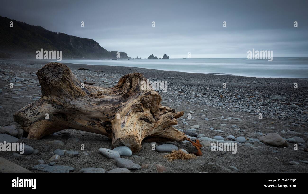 A view across a windswept beach on New Zealand's west coast. Stock Photo