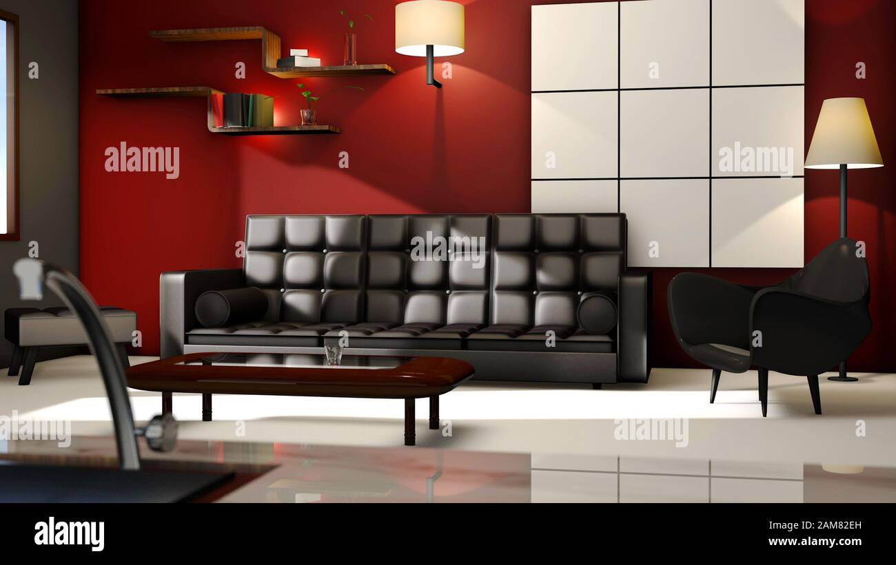 Modern living room space 3D Render CGI, with leather sofa and chairs red walls and book shelves, beautiful illumination light and kitchen spa Stock Photo