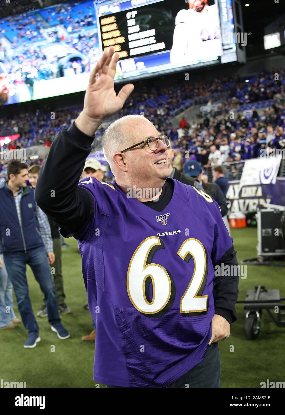 Maryland Governor Larry Hogan waves to fans prior to the AFC divisional playoff between the Baltimore Ravens and Tennessee Titans at M&T Bank Stadium in Baltimore, Maryland on January 11, 2020. Photo/ Mike Buscher/Cal Sport Media Stock Photo