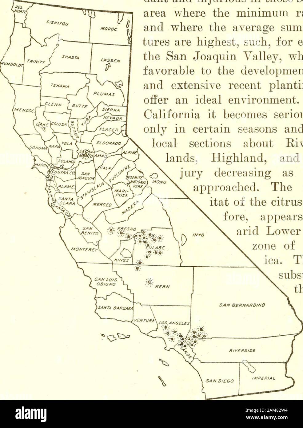 Bulletin of the U.SDepartment of Agriculture . r example, as inthe San Joaquin Valley, where a climatefavorable to the development of the pestand extensive recent plantings of citrusoffer an ideal environment. In southernCalifornia it becomes seriously injuriousonly in certain seasons and only in thelocal sections about Riverside, Red-Highland, and Rialto, in-jury decreasing as the coast isapproached. The natural hab-itat of the citrus thrips, there-fore, appears to be thearid Lower Sonoran lifezone of North Amer-ica. This belief issubstantiated fur-ther by its oc-currence onplants na-tive to Stock Photo