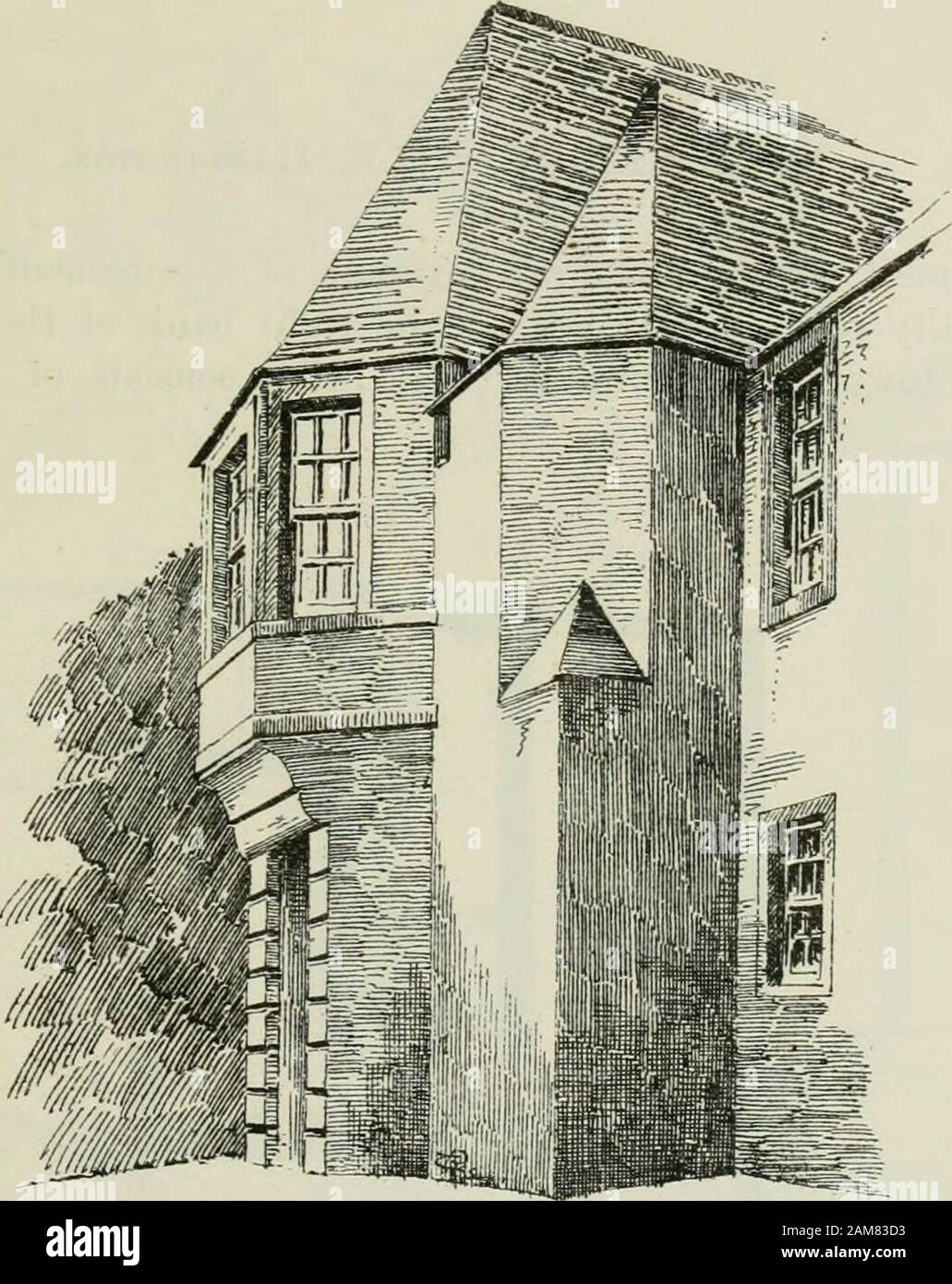The castellated and domestic architecture of Scotland, from the twelfth to the eighteenth century . fiG. 1168.—Prestonpans. House at North-East of Parish Church. PRESTON PANS 57 FOURTH PERIOD stories in the garden at Preston Tower.* This arrangement provides thesame sort of accommodation as the outward projection, but in a differentmanner. The quarterings are sometimes filled in with clay and strawinstead of plaster. The house shown in Fig. 1168 is situated to the north-east of the parishchurch of Prestonpans, the spire of which is seen in the distance. This. Fio. llt)9.—Prestonpans. House nea Stock Photo