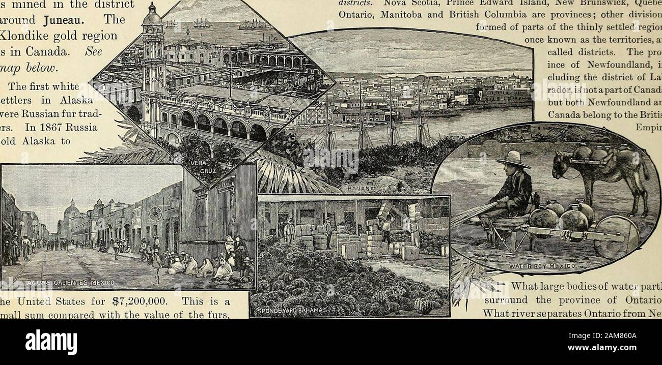 Advanced Geography . X 160 ALASKA, CANADA AND MEXICO. The shore waters and the rivers of Alaska abound insalmon. The canning of this kind of fish is a very im-portant industry. Fur seals in large numbers are takenon the Pribilof islands. Sitka is the capital of the territory. Considerable goldis mined in the districtaround Juneau. TheKlondike gold regionis in Canada. Seemap below. The first whitesettlers in Alaskawere Eussian fur traders. In 1867 Russiasold Alaska to CANADA, MEXICO, ETC. 140. Review and Map Studies. Note : — The Dominion of Canada consists of various provinces anddistricts. No Stock Photo