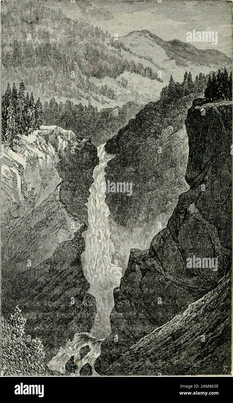 [Frost and fire : natural engines, tool-marks and chips : with sketches taken at home and abroad by a traveller] . s, is acoarse sandstone or conglomerate. The upper valley is arounded hollow, at the bottom of which the river has dug ashallow trench. The upper hollow ends in a steep slope ; andthe lower valley, like the upper, is a rounded curved rock-groove, through which the river meanders ; but the bottom ofthe groove is covered with beds of gravel. Both theseglens, the slope, and the surrounding hills, bear marks ofice; so the river did not hew out the glens ; but it has duga narrow trench Stock Photo