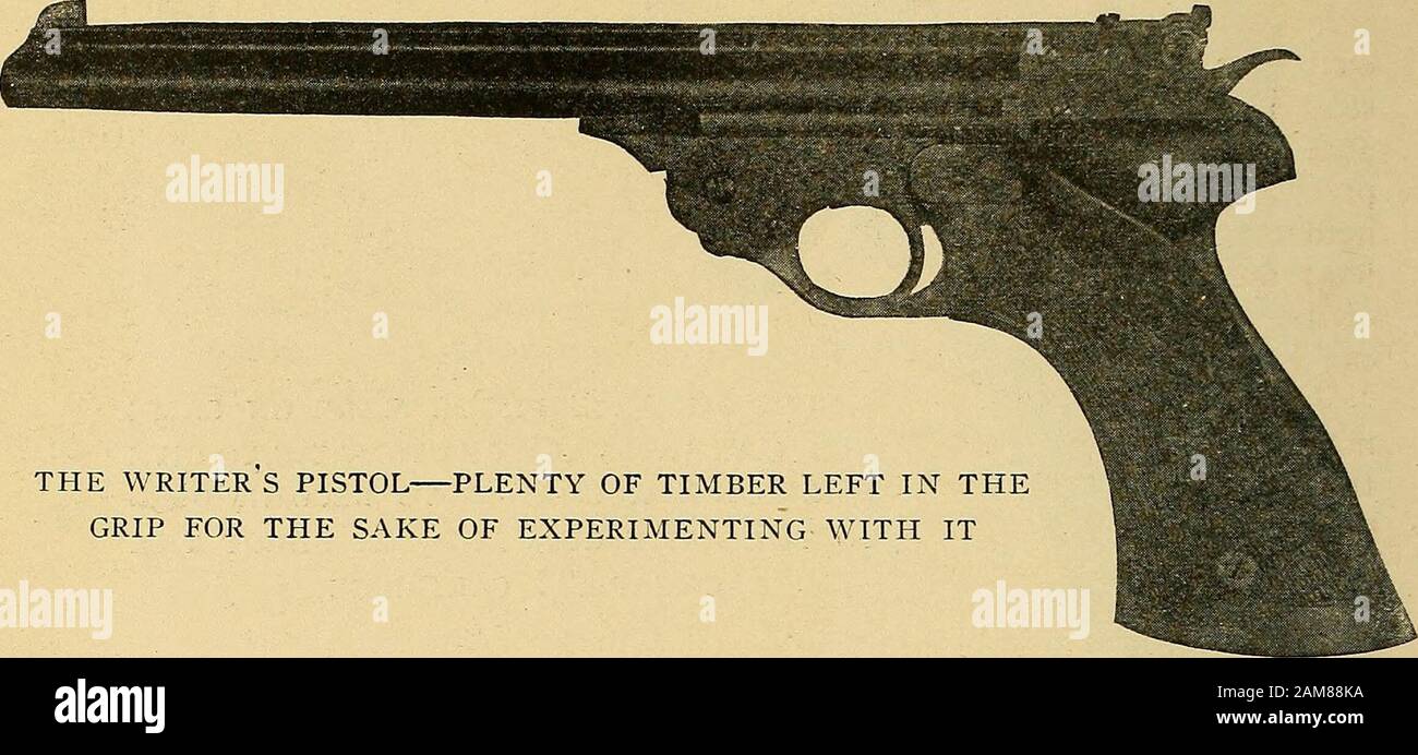 Outing . A FINE EXAMPLE OF TARGET GUN, MARTINI ACTION WITH HOLE THROUGH THE BLOCK FOR CLEANING ROD, SET TRIGGERS, SPUR FINGER LEVER, SPUR UNDER GRIP FOR LITTLE FINGER [735]. THE WRITER S PISTOL PLENTY OF TIMBER LEFT IN THE GRIP FOR THE SAKE OF EXPERIMENTING WITH IT well, and that he needs no two or threepounds of hardware to help weigh himdown when on the stalk. I prefer the breed of pistol that sellsfor about $7.00, that weighs about I1/*lbs. with either six or eight inch barrel,and that shoots the cheap, accurate,quiet, and inoffensive .22 caliber car-tridges. A gunsmith can reduce the natur Stock Photo
