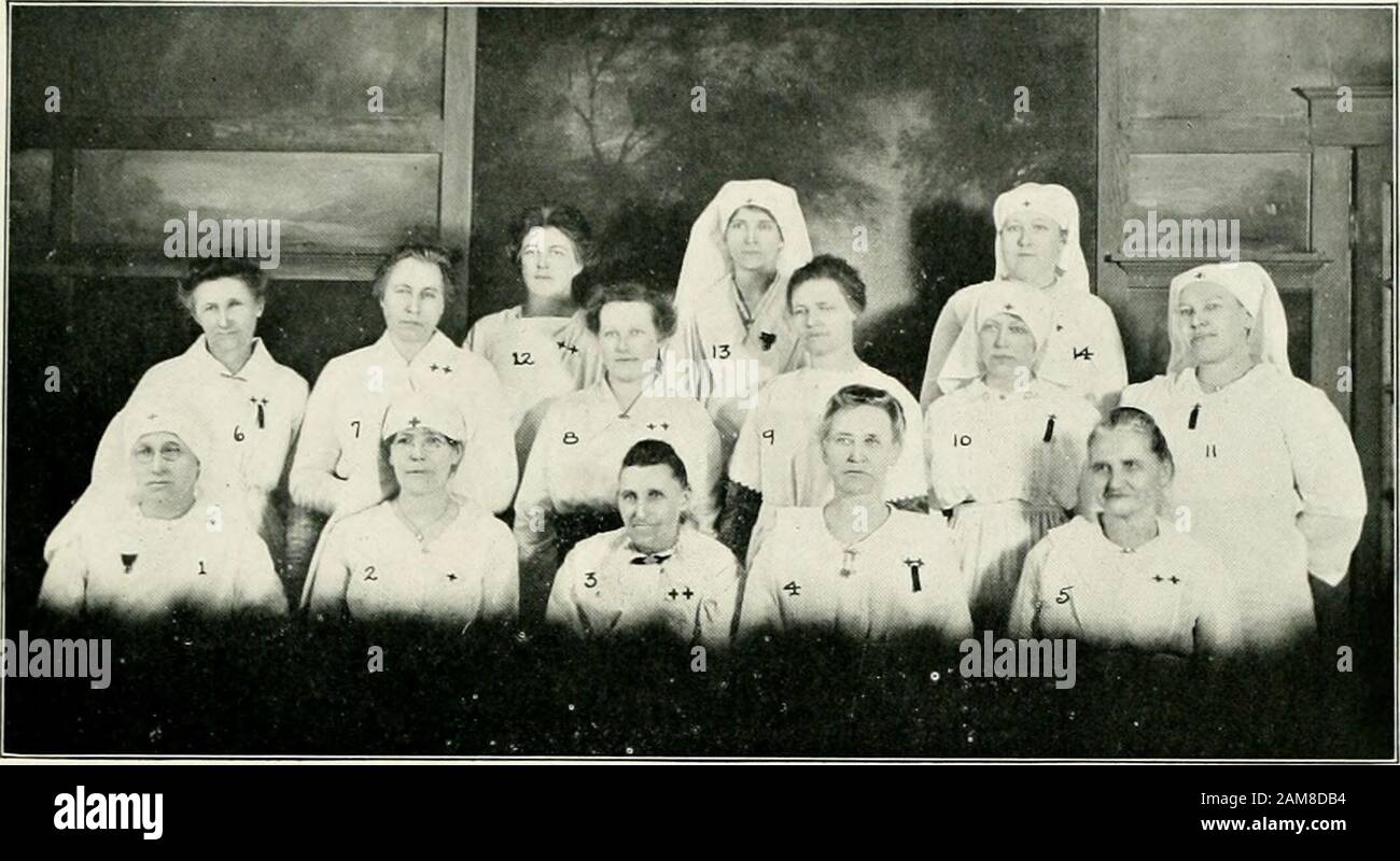 Marshall County in the World War, 1917-1918 : a pictorial history of the community's participation in all wartime activities with a complete roster of soldiers and sailors in service . MARSHALLTOWN REJ CROSS WORKERS 1, Mrs. J. S. Nugent; 2, Mrs. B. F. Nichols; 3, Mrs. George D. Brown; 4, Mrs. Lee Everist;5, Mrs. James McNamara; 6, Mrs. J. F. Tallett; 7, Mrs. L. E. Herring; 8, Mrs. E. B. Ernes; 9, Mrs.M. A. Smith; 10, Mrs. W. A. Peters; 11, Mrs. John Cherney; 12, Mrs. William White; 13, DorothyLynch; 14, Mrs. R. Edwinson; 15, Mrs. A. E. Corder; 16, Mrs. S. J. Taylor; 17, Mrs. M. H. Moore;18, Mr Stock Photo