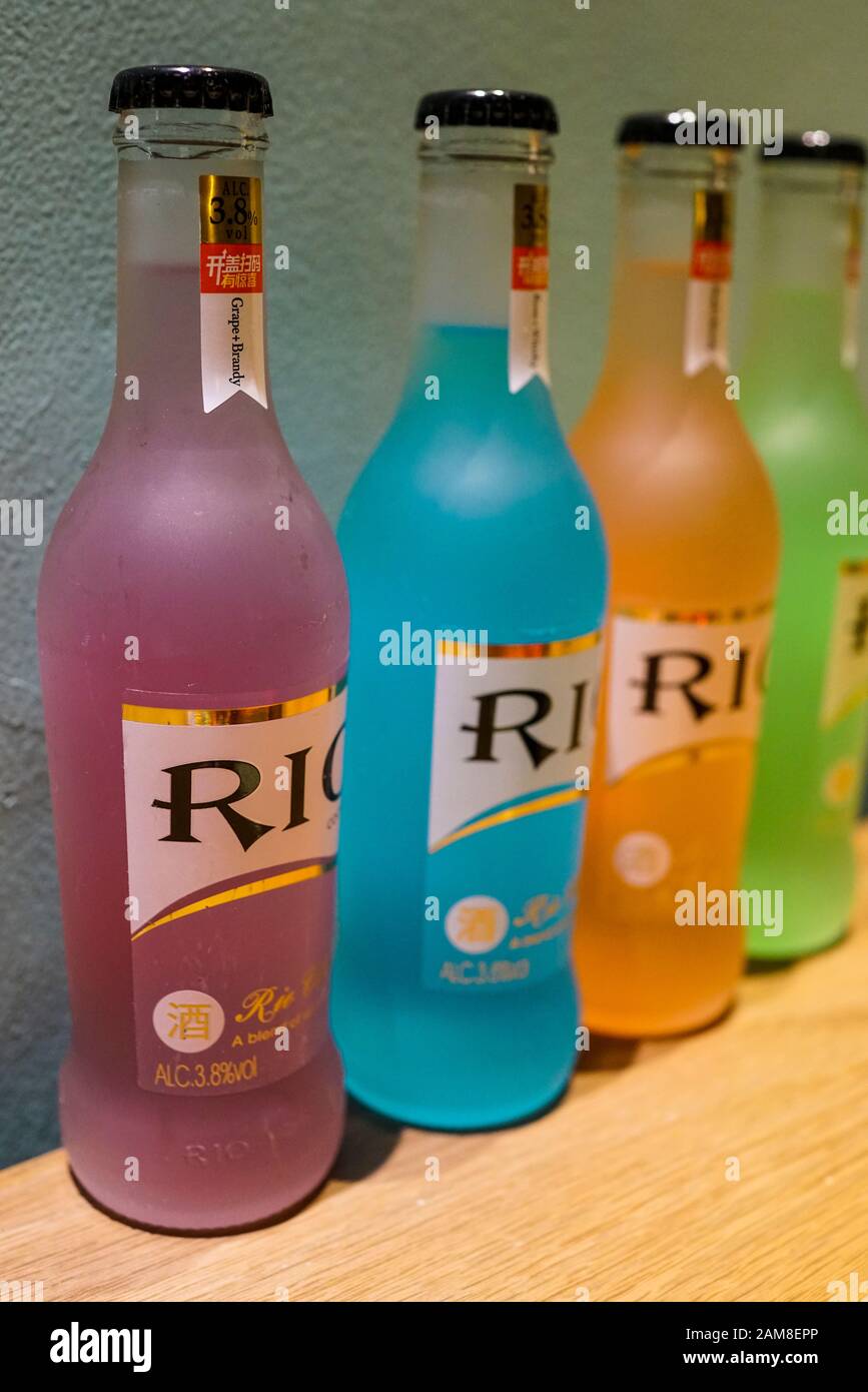Zhuhai, China, November, 2018. Rio Cocktails of different flavors on the table. RIO is a Chinese ready to drink alcopop beverage brand conceived in 20 Stock Photo