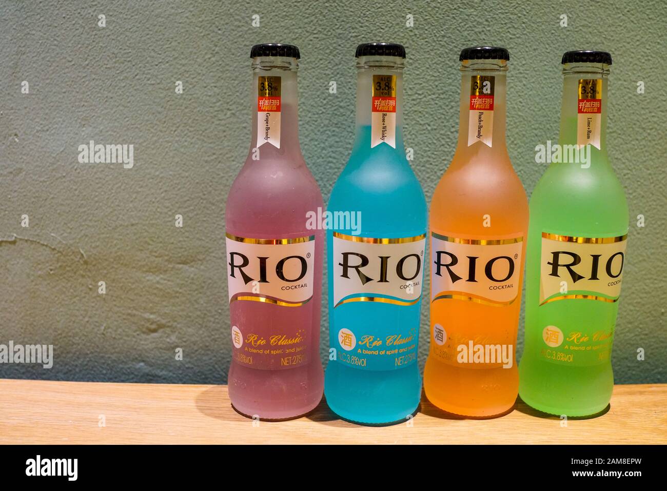 Zhuhai, China, November, 2018. Rio Cocktails of different flavors on the table. RIO is a Chinese ready to drink alcopop beverage brand conceived in 20 Stock Photo