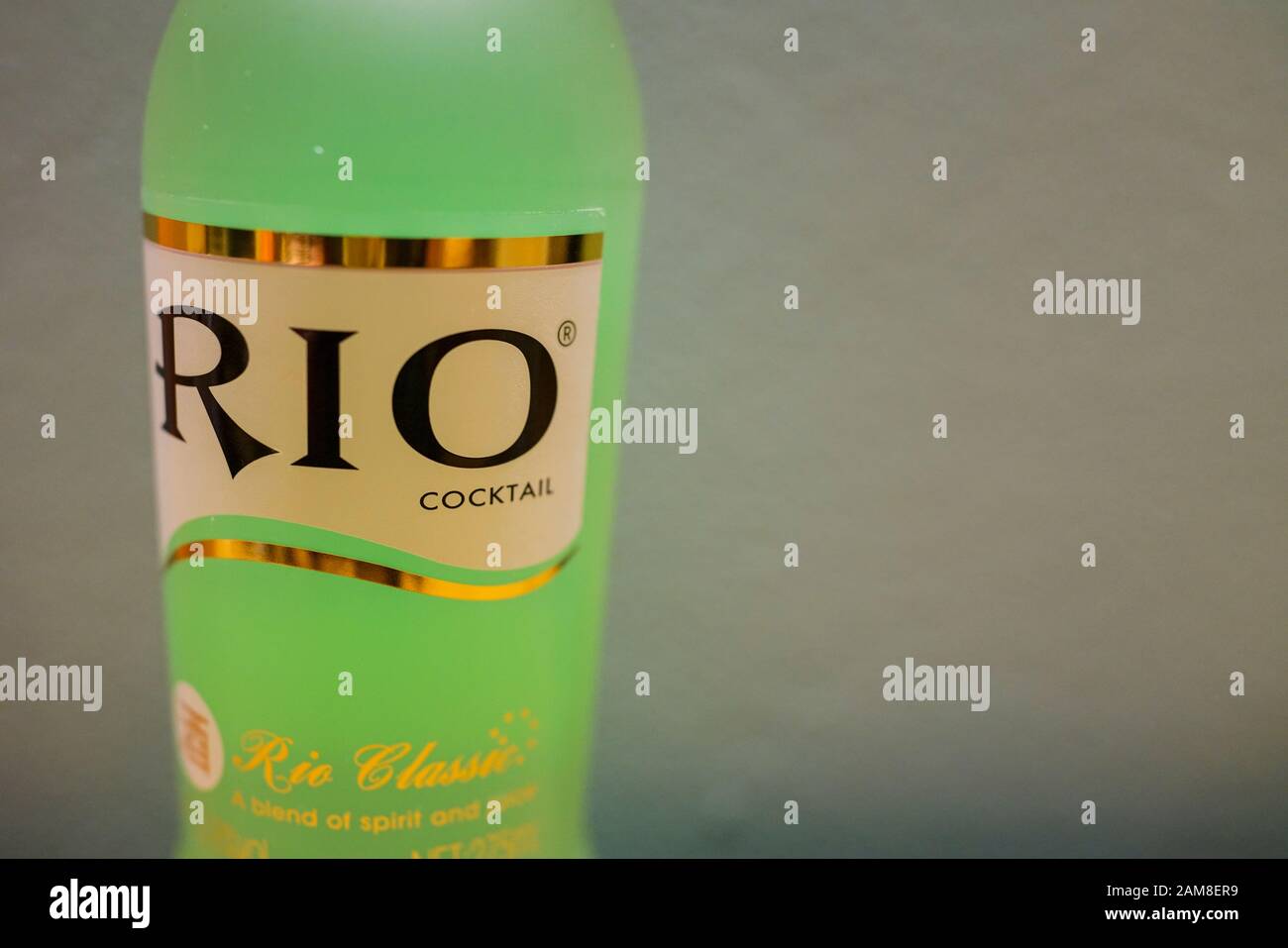 Zhuhai, China, November, 2018. Close up shot of the Rio Cocktail on the table. RIO is a Chinese ready to drink alcopop beverage brand conceived in 200 Stock Photo