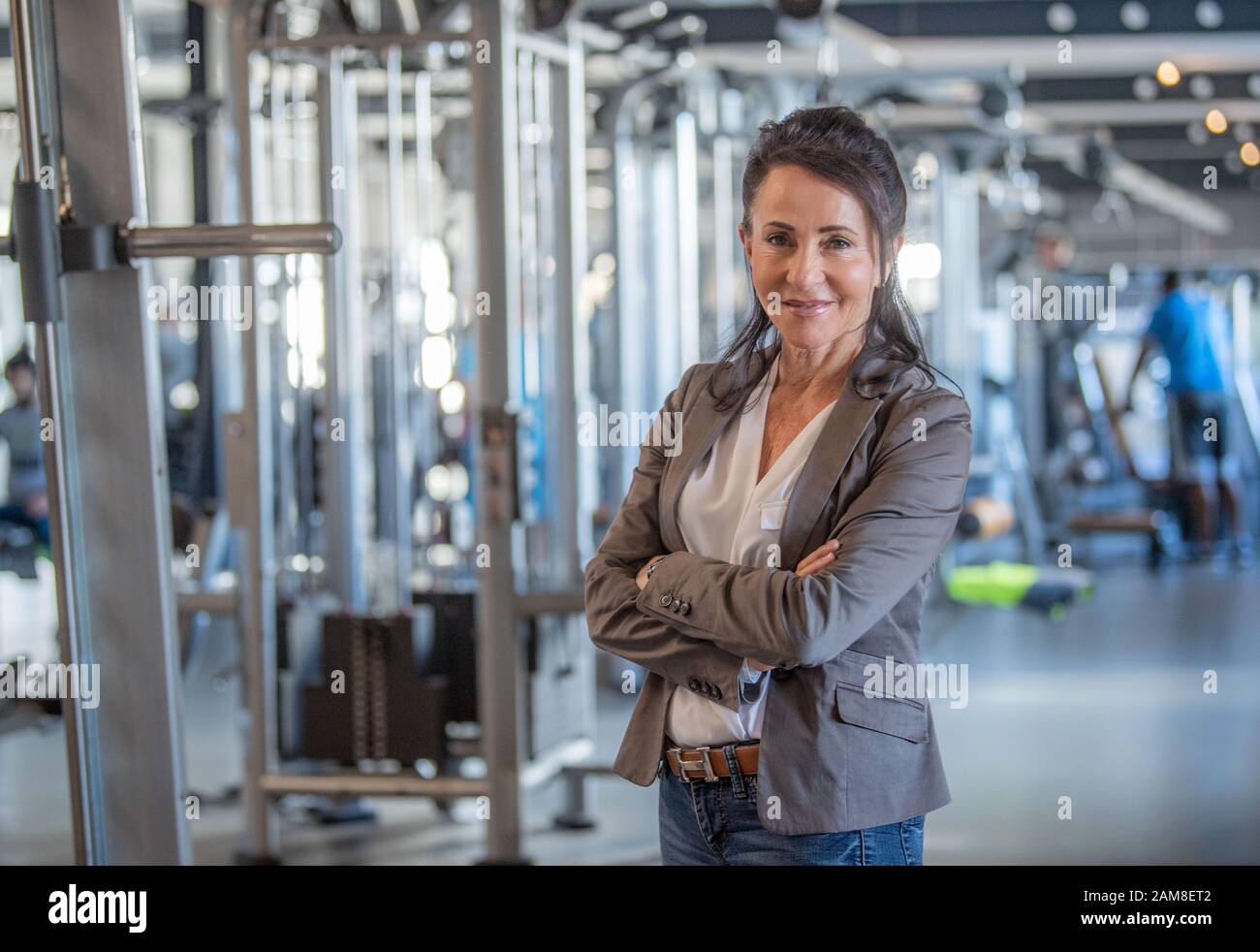 Brunnthal, Germany. 10th Jan, 2020. Renate Holland, gym owner, is standing in her gym. The operator of several fitness studios in the Munich area has sued Yelp for its rating system. She claims to have lost customers because of a poor overall rating. Credit: Lino Mirgeler/dpa/Alamy Live News Stock Photo