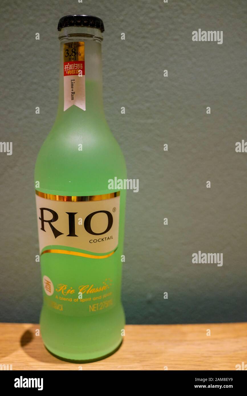 Zhuhai, China, November, 2018. Rio Cocktail on the table. RIO is a Chinese ready to drink alcopop beverage brand conceived in 2003 and manufactured by Stock Photo