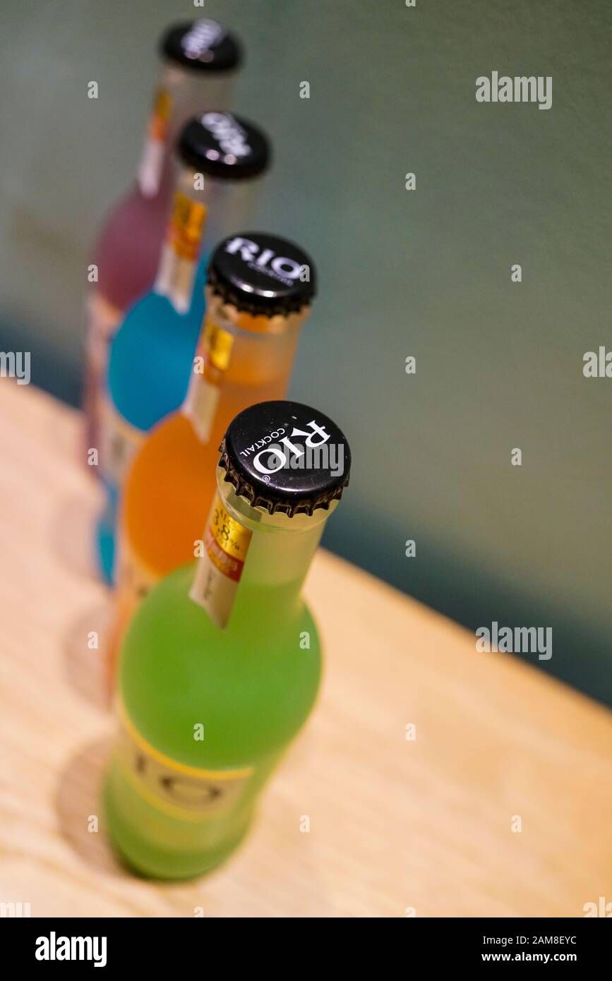 Zhuhai, China, November, 2018. Rio Cocktails of different flavors on the table. RIO is a Chinese ready to drink alcopop beverage brand conceived in 20 Stock Photo