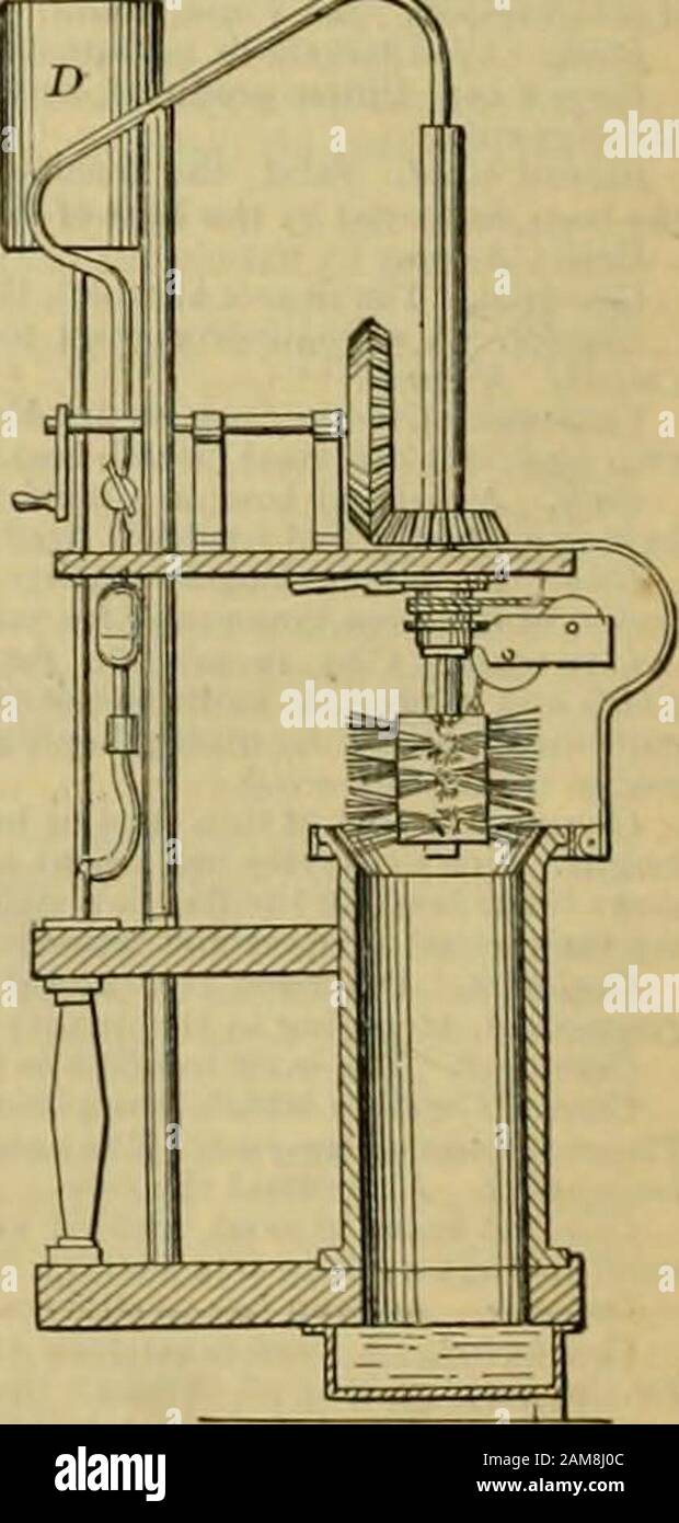 Knight's American mechanical dictionary : a description of tools, instruments, machines, processes and engineering, history of inventions, general technological vocabulary ; and digest of mechanical appliances in science and the arts . into thepulp, of wliich a quantity is raised, the superabun-dance flowing over the edge. The mold being shak-en, the water drains away through the wire-cloth,and the fibers become felted together and settle uponthe wire. The dipper then removes the dccl-lc andpasses the mold to the couchcr, wlio lets it drain a fewseconds, and then couelics the sheet of pulp upo Stock Photo