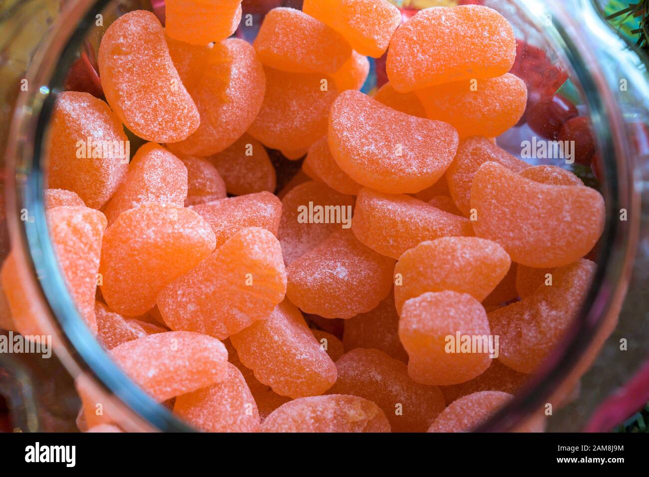 Orange Gummy Candies In Jar from above Stock Photo Alamy