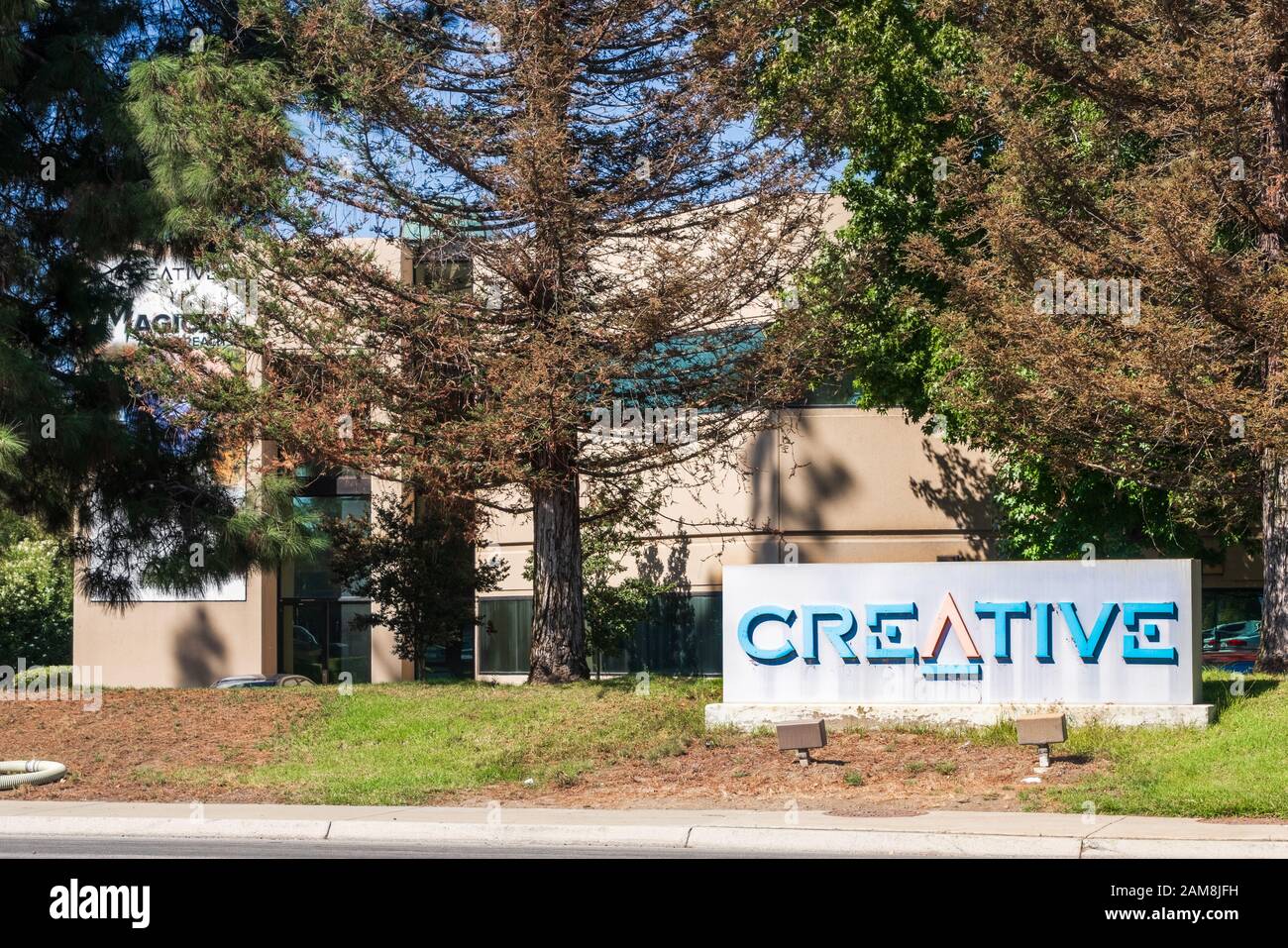 Oct 9, 2019 Milpitas / CA / USA - Creative offices in Silicon Valley; Creative Technology Ltd. (known as Creative Labs in the United States) is a glob Stock Photo