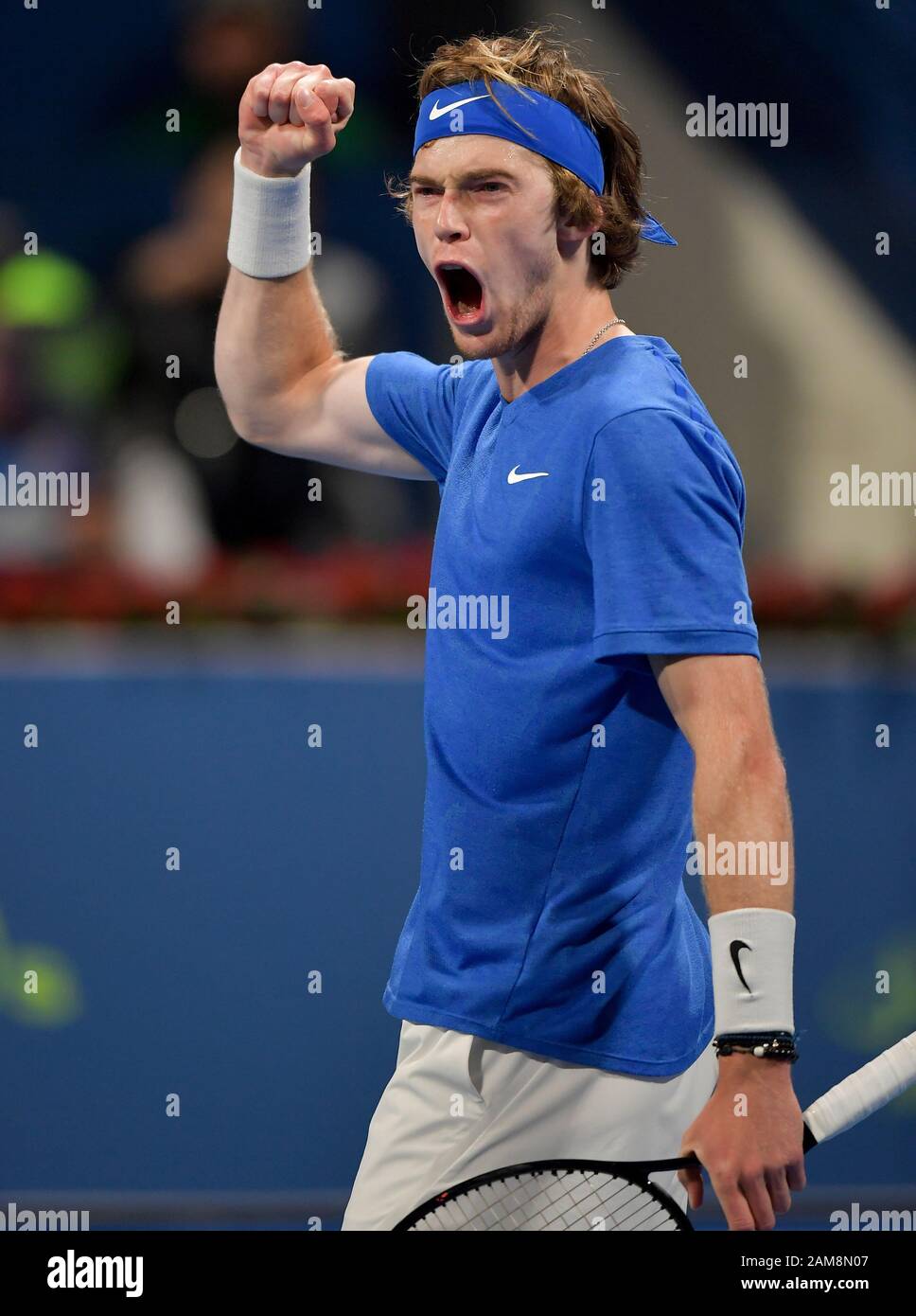 Doha, Qatar. 11th Jan, 2020. Andrey Rublev of Russia celebrates after  winning the singles final match between Andrey Rublev of Russia and  Corentin Moutet of France at the ATP Qatar Open tennis