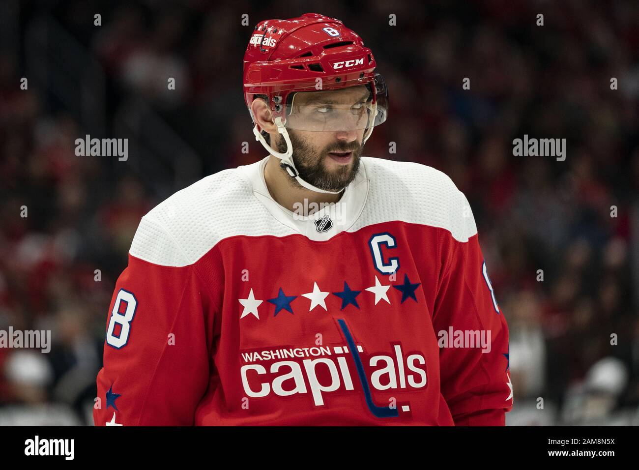 Washington, United States. 11th Jan, 2020. Washington Capitals left wing Alex Ovechkin (8) looks on after a stoppage in play during the third period as the Capitals play the New Jersey Devils at Capital One Arena in Washington, DC on Saturday, January 11, 2020. The Capitals lead the the NHL in points with 65. Photo by Alex Edelman/UPI Credit: UPI/Alamy Live News Stock Photo
