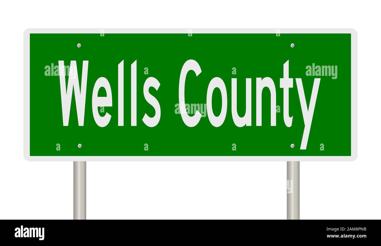 Rendering of a green 3d highway sign for Wells County Stock Photo