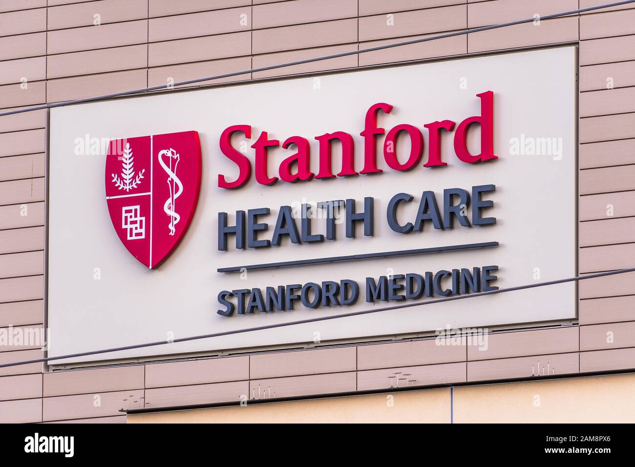 Jan 9, 2020 Palo Alto / CA / USA - Stanford Health Care sign; Stanford Health Care comprises of a network of medical facilities and doctors located ar Stock Photo