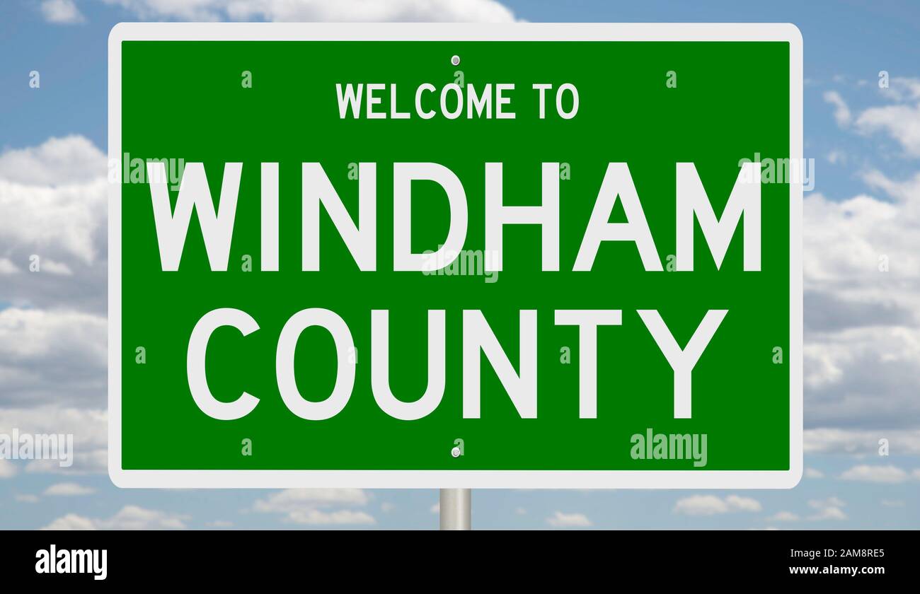 Rendering of a green 3d highway sign for Windham County Stock Photo