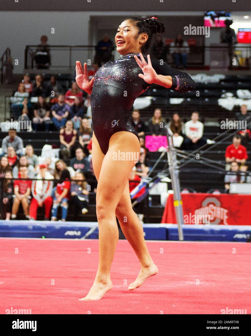 Columbus, Ohio, USA. 11th Jan, 2020. Ohio State Buckeyes Danica Abanto (1) competes in the floor exersise against the North Carolina State Wolfpack in their meet in Columbus, Ohio. Brent Clark/CSM/Alamy Live News Stock Photo