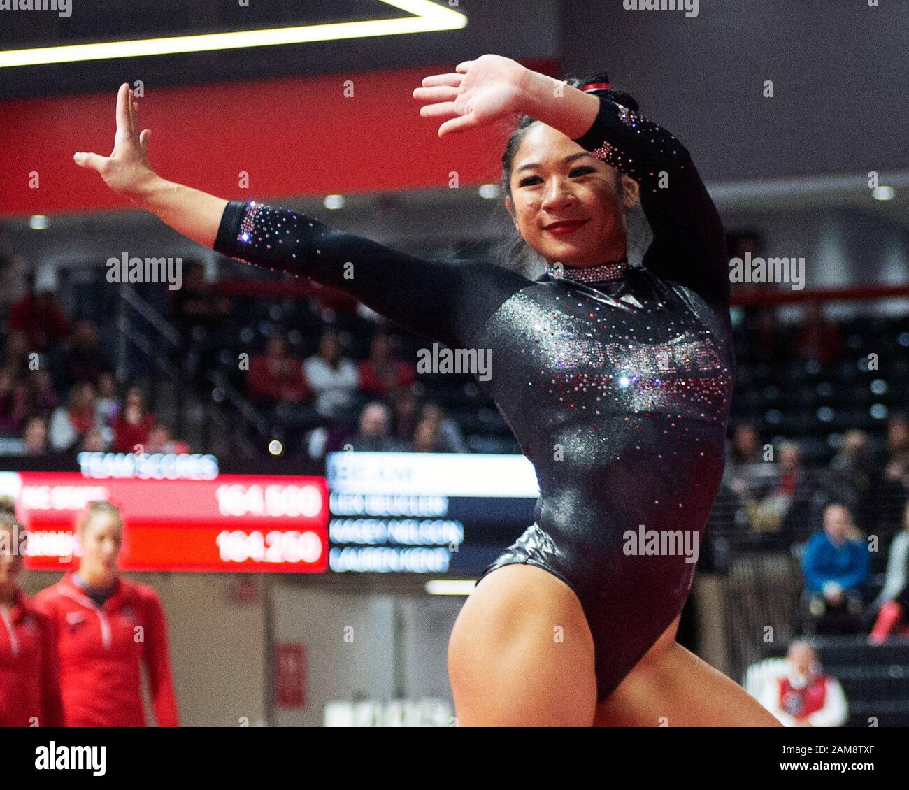 Columbus, Ohio, USA. 11th Jan, 2020. Ohio State Buckeyes Danica Abanto (1) competes in the floor exersise against the North Carolina State Wolfpack in their meet in Columbus, Ohio. Brent Clark/CSM/Alamy Live News Stock Photo