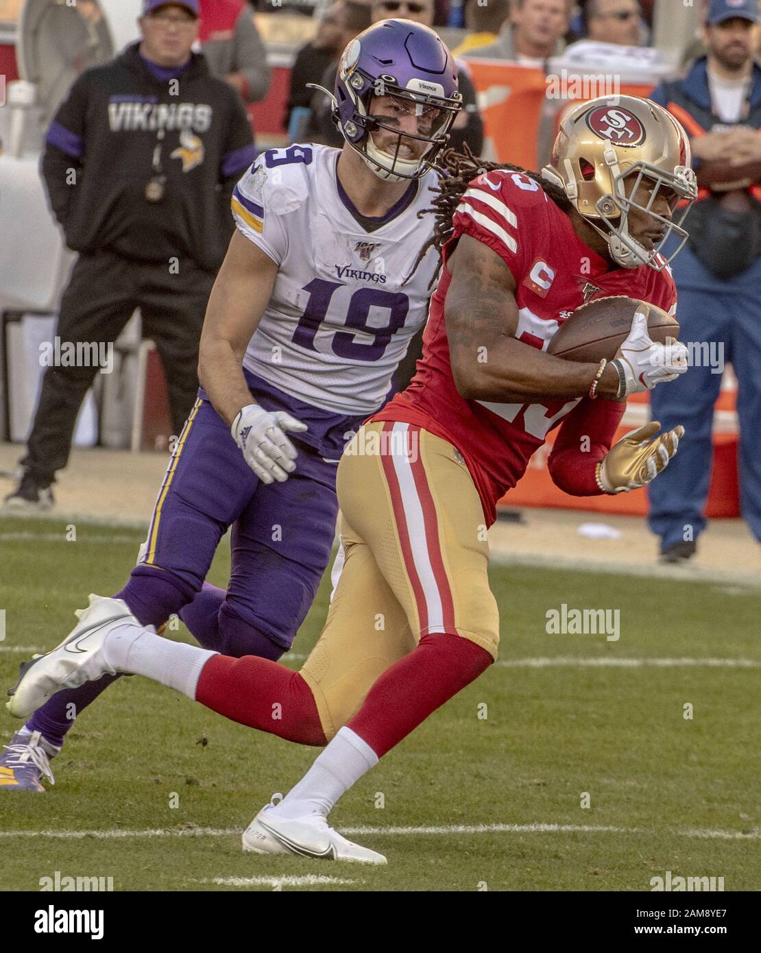 Santa Clara, California, USA. 11th Jan, 2020. San Francisco 49ers  cornerback Richard Sherman (25) intercepts pass intended for Minnesota  Vikings wide receiver Adam Thielen (19) on Saturday, January 11, 2020, at  Levis