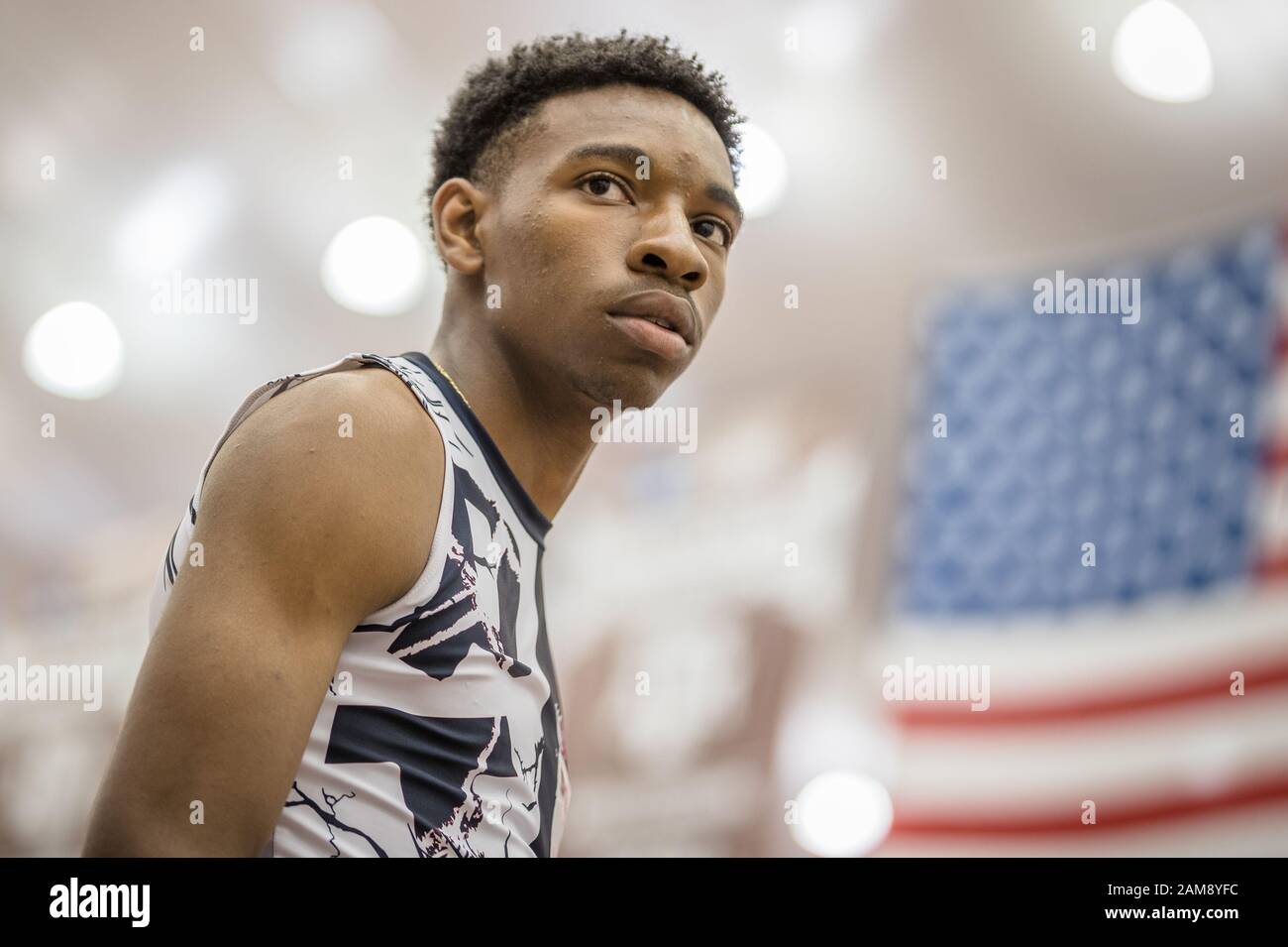 College Station, Texas, USA. 11th Jan, 2020. Josh Benford of Pearland Track Xpress prepares to race during the Texas A&M High School Indoor Classic at the McFerrin Athletic Center's Gilliam Indoor Stadium in College Station, Texas. Prentice C. James/CSM/Alamy Live News Stock Photo