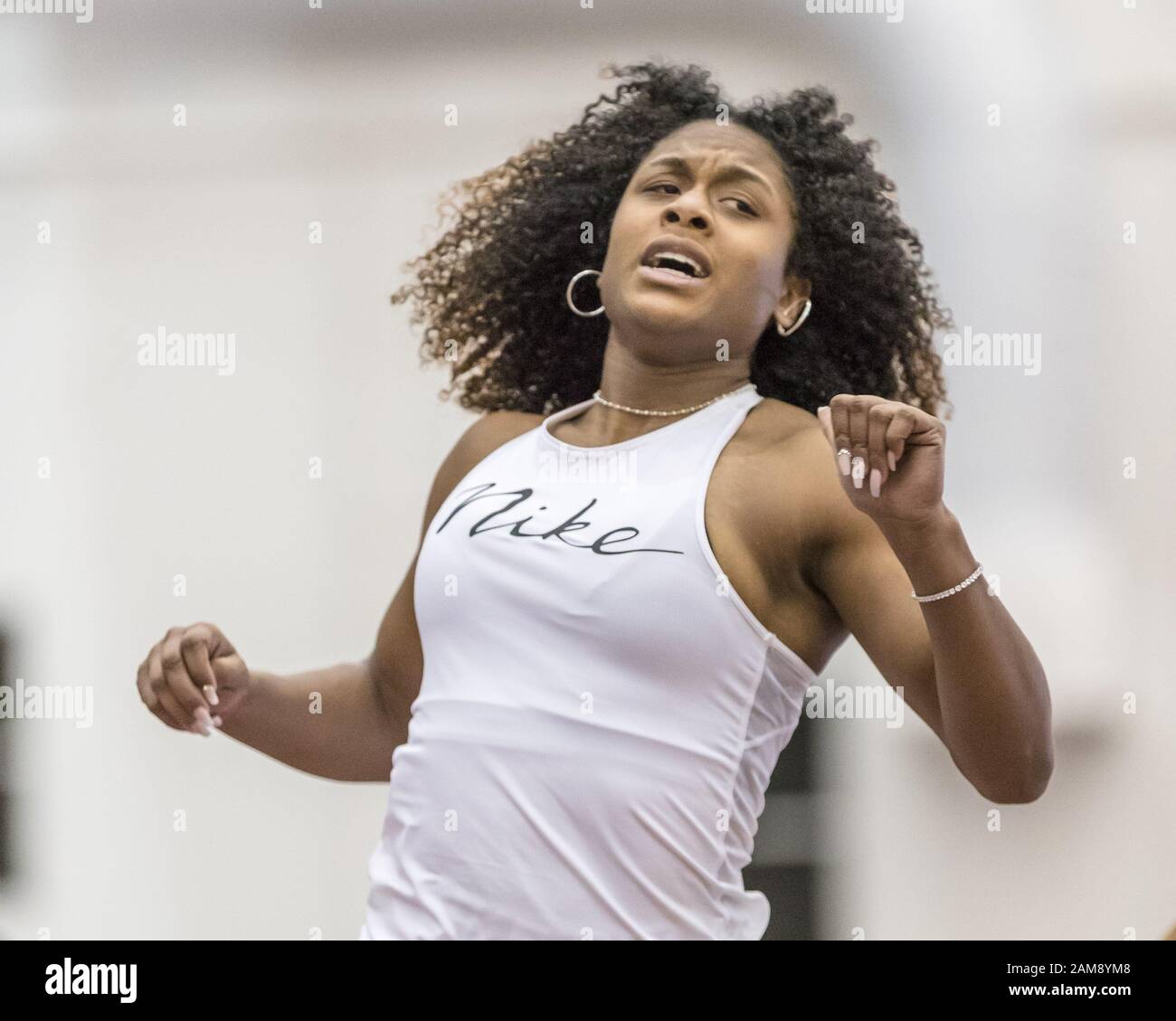 January 11, 2020: Taejha Badal finishes third in the Girls 200-meter dash finals with a time of 24.68 seconds in the Texas A&M High School Indoor Classic at the McFerrin Athletic Center's Gilliam Indoor Stadium in College Station, Texas. Prentice C. James/CSM Stock Photo