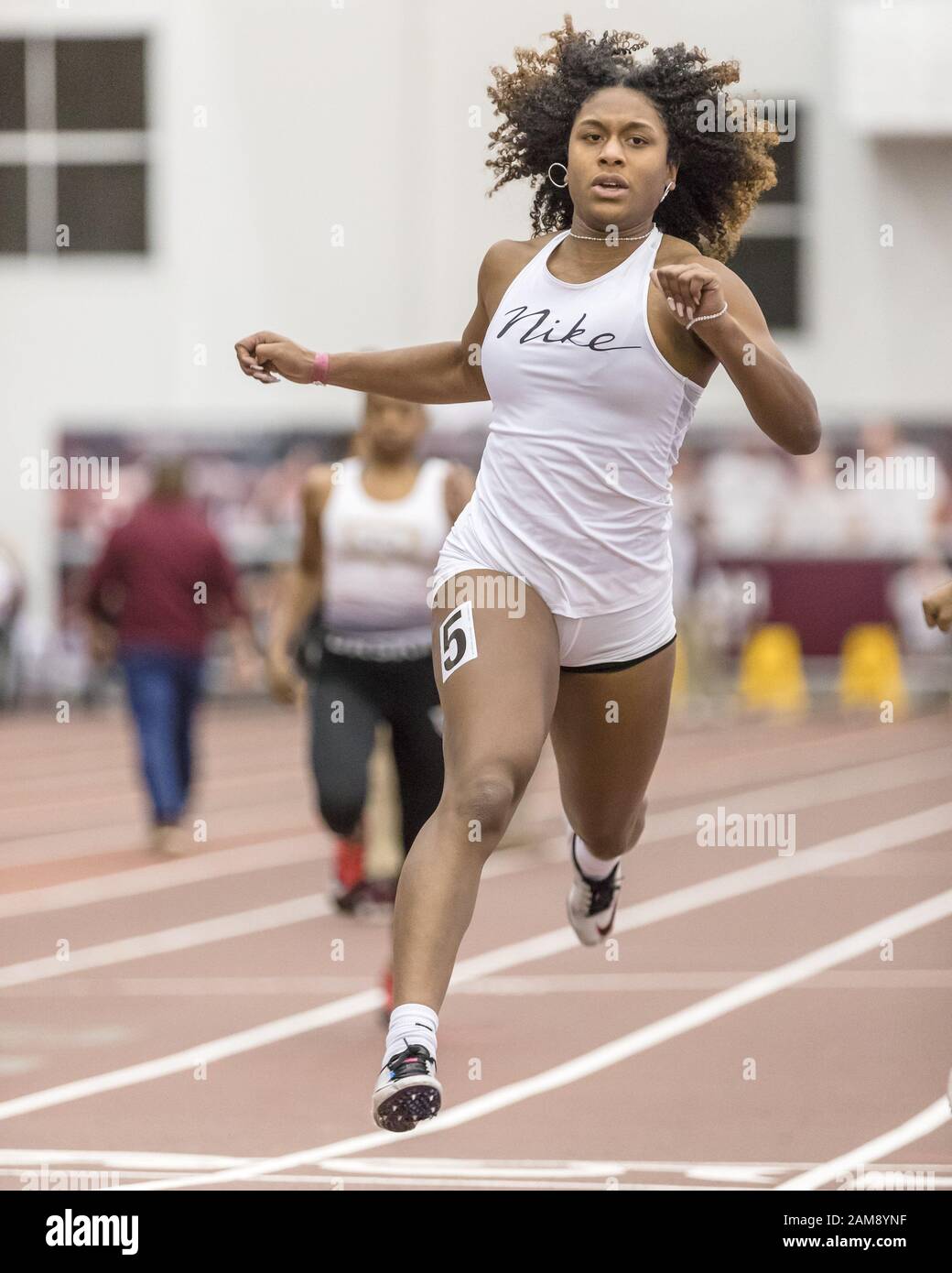 January 11, 2020: Taejha Badal finishes third in the Girls 200-meter dash finals with a time of 24.68 seconds in the Texas A&M High School Indoor Classic at the McFerrin Athletic Center's Gilliam Indoor Stadium in College Station, Texas. Prentice C. James/CSM Stock Photo