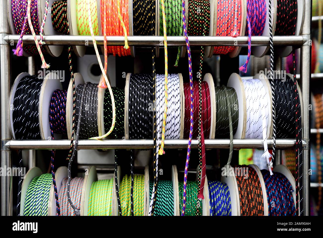 Rows of bright multi-colored rope and cord, Seoul, South Korea Stock Photo
