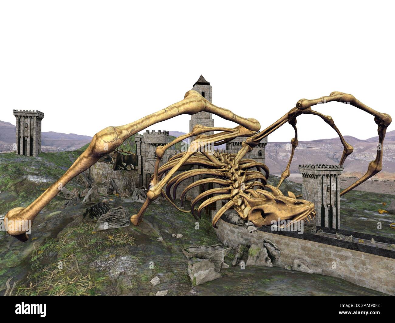 3D illustration dragon skeleton and ruined castle Stock Photo - Alamy