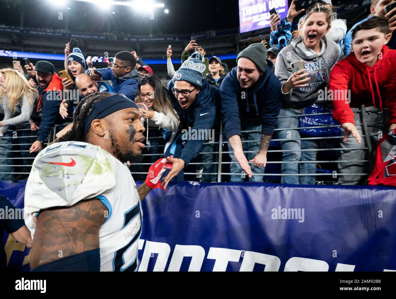 Baltimore, United States. 12th Jan, 2020. A Tennessee Titans fans  celebrates as the Titans defeat the Baltimore Ravens 28-12 in the division playoff  game at M&T Bank Stadium in Baltimore, Maryland, on