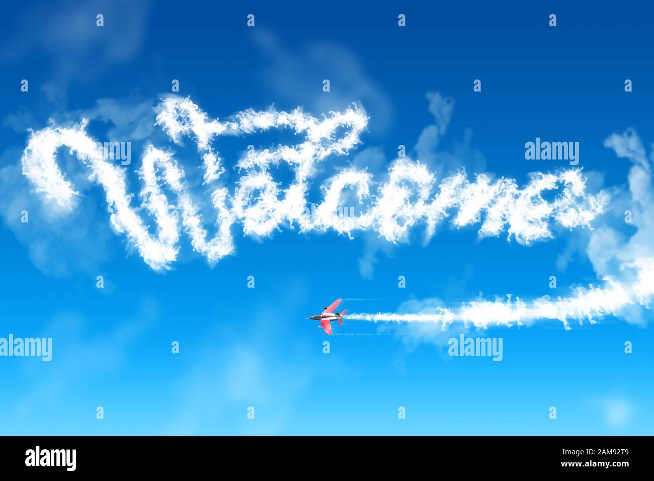 Word welcome formed by a smoke trail from a jet plane. Stock Photo