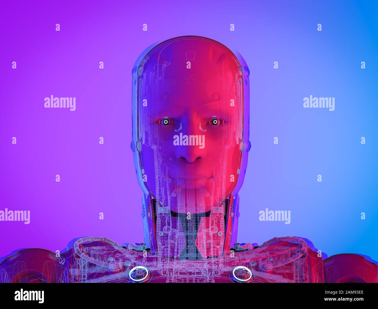 3d rendering artificial intelligence cyborg or robot in neon light Stock Photo