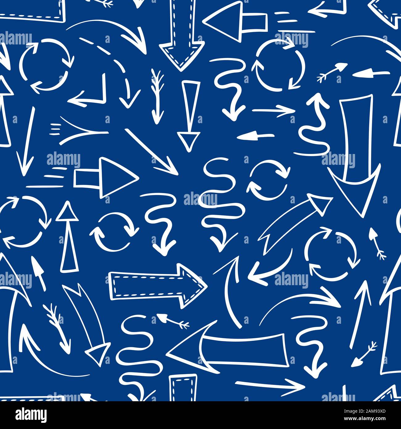Seamless pattern with different white hand drawn arrows on classic blue background. Vector illustration. Stock Vector
