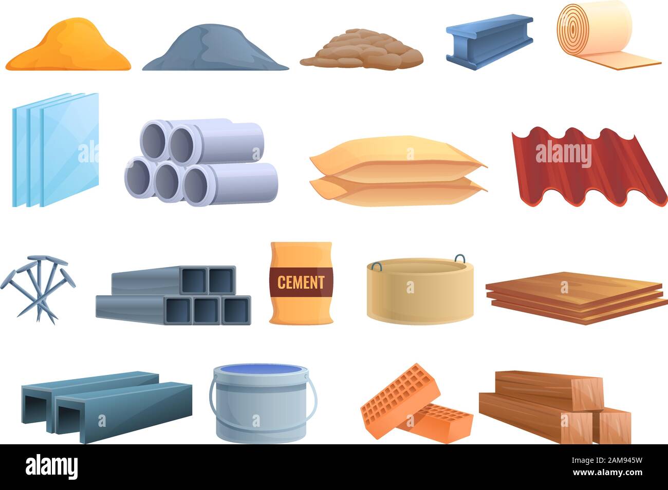 Construction materials icons set. Cartoon set of construction materials vector icons for web design Stock Vector