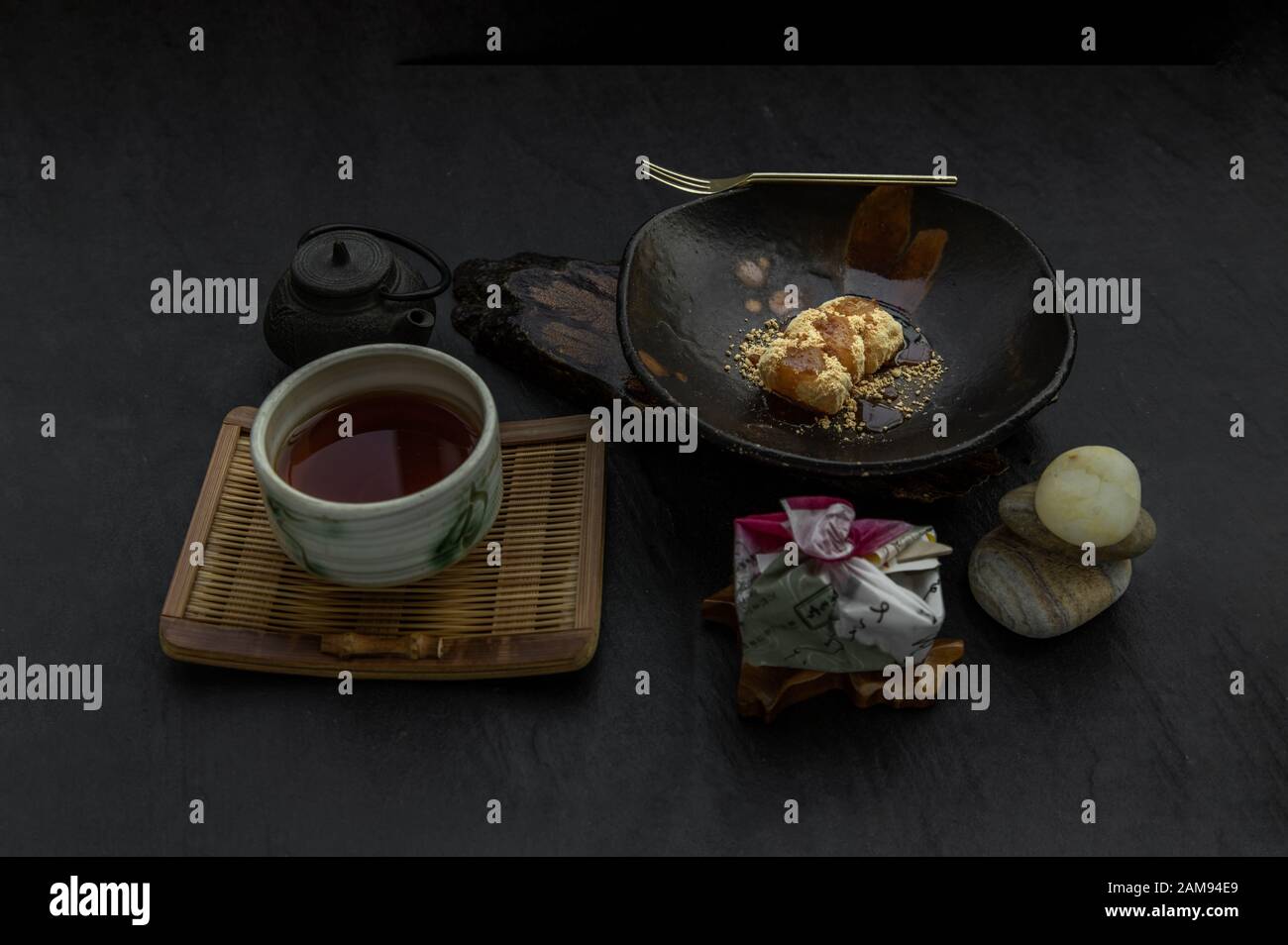 Japanese tradiitonal snack Warabi mochi assortment with Tea