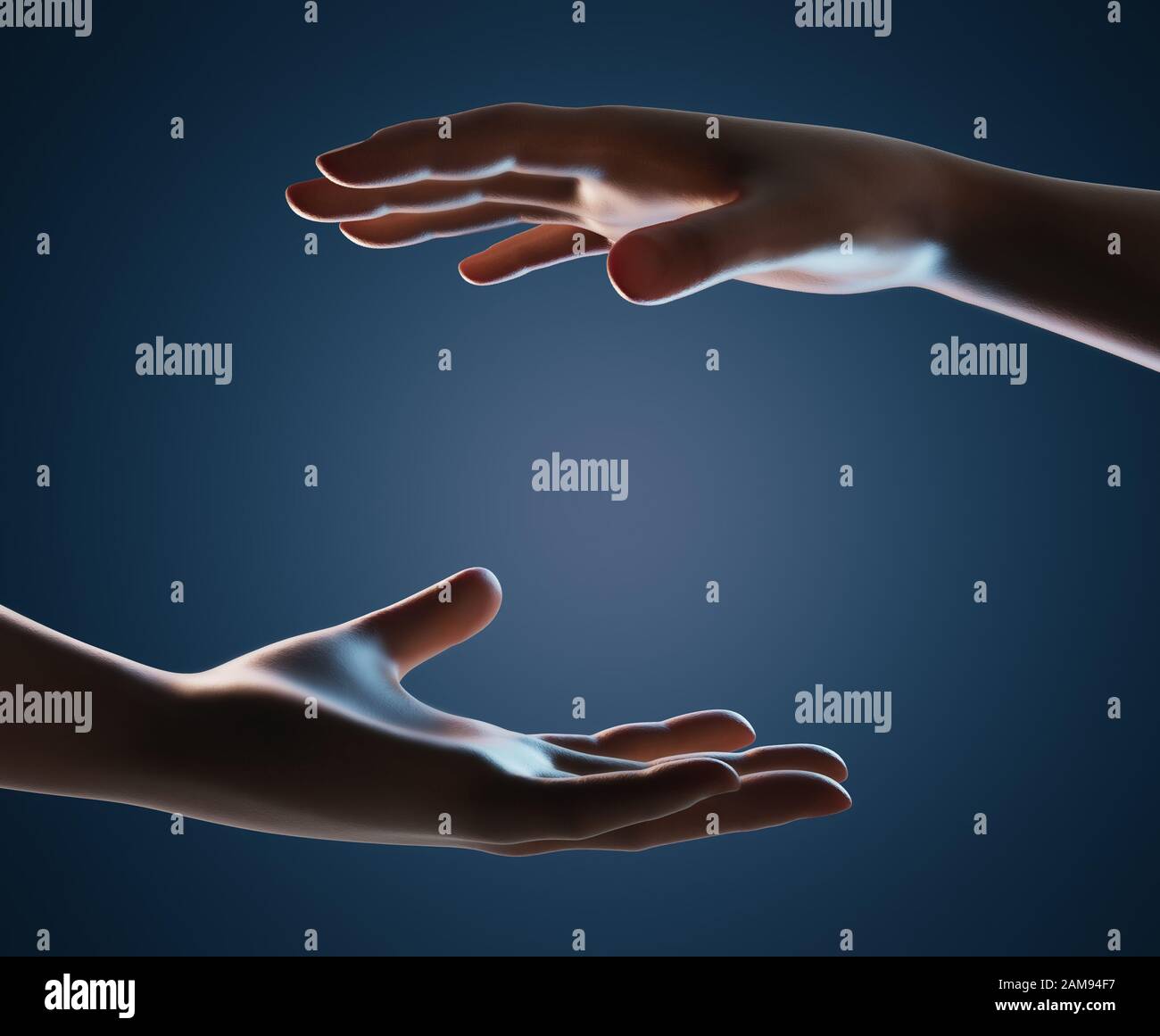 3d rendering human hand palm reach out to another Stock Photo - Alamy