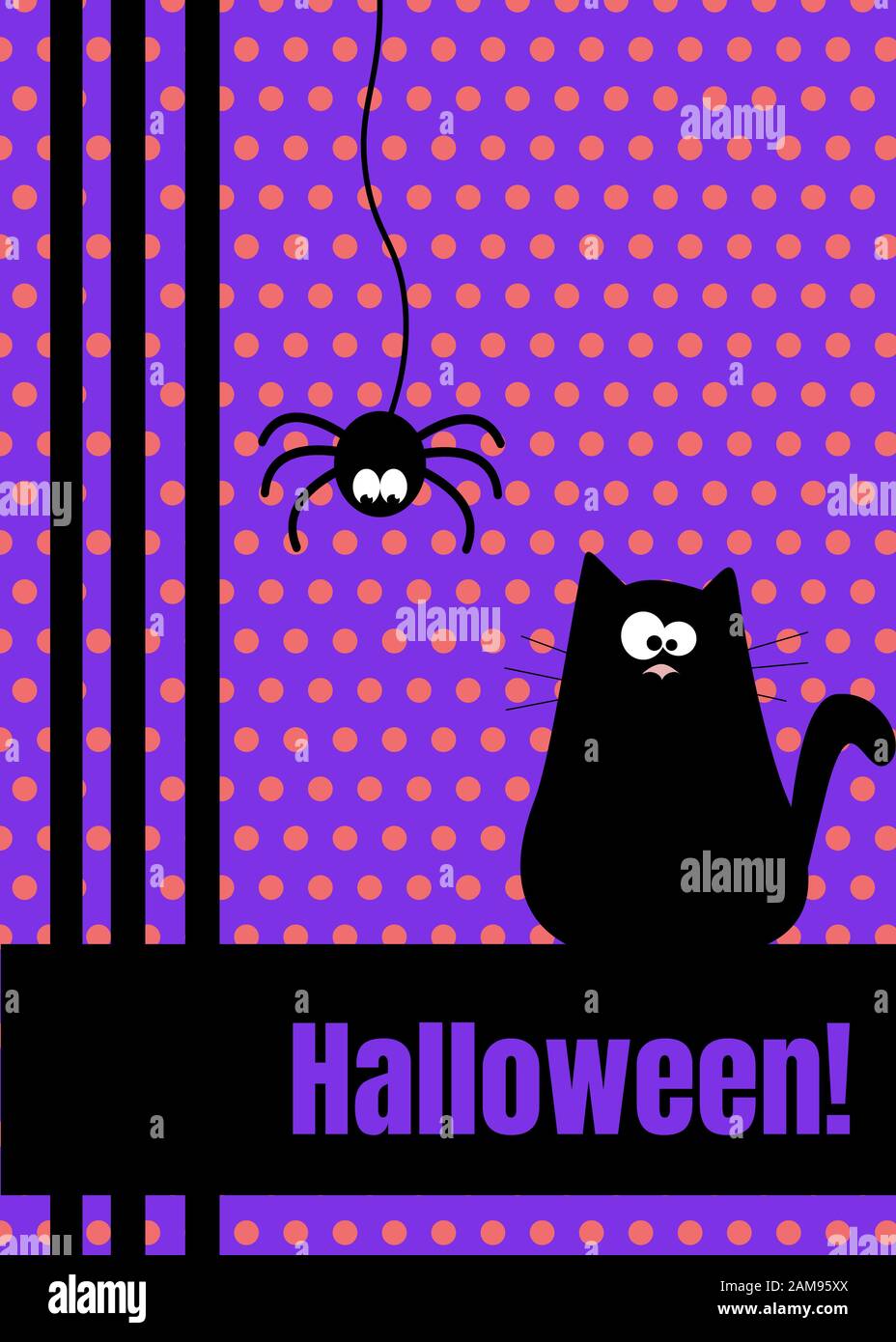 Happy Halloween greeting card with hanging on dash line web spider ...