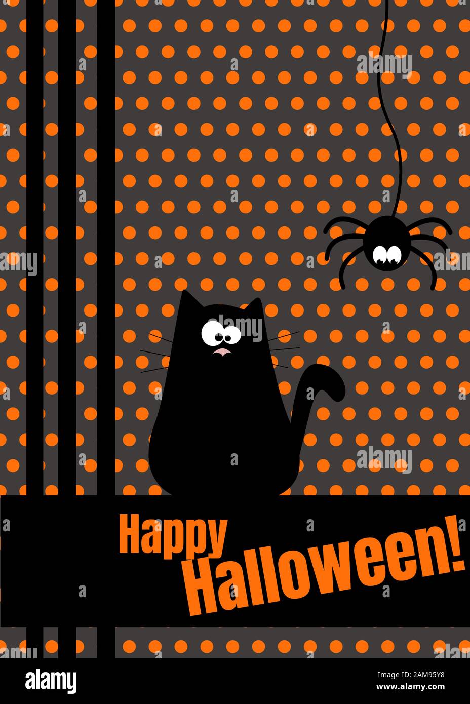 Happy Halloween greeting card with hanging on dash line web spider ...