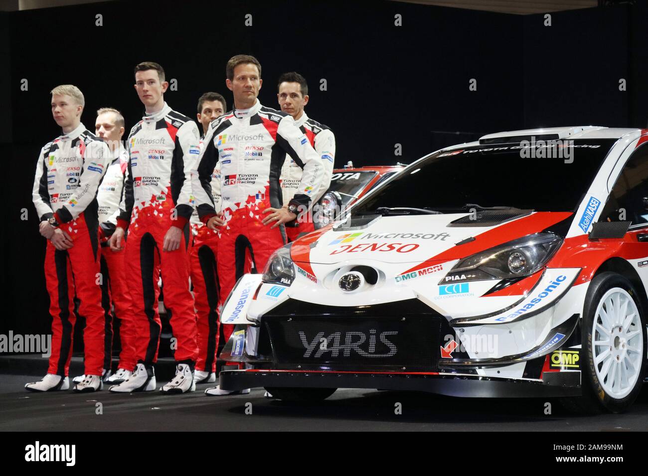 Chiba, Japan. 10th Jan, 2020. Toyota Motor's world rally team drivers  Sebastien Ogier (R) of France, Elfyn Evans (C) of Wales and Kalle Rovanpera  (L) of Finland attend a team presentation at