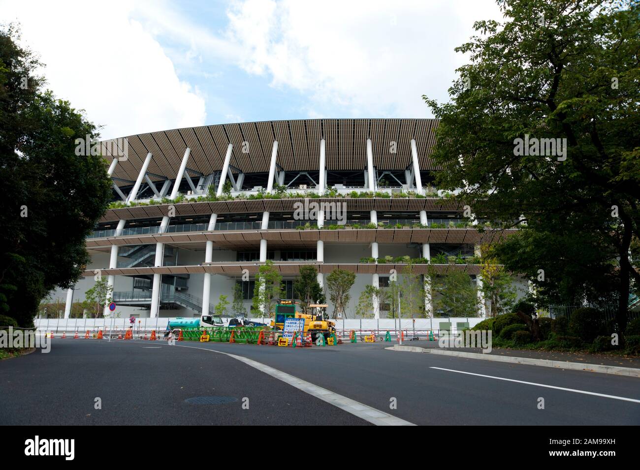 SHINJUKU CITY, TOKYO, JAPAN - SEPTEMBER 30, 2019: Front view of the Tokyo New National Stadium under construction for the 2020 Olympiad. Stock Photo