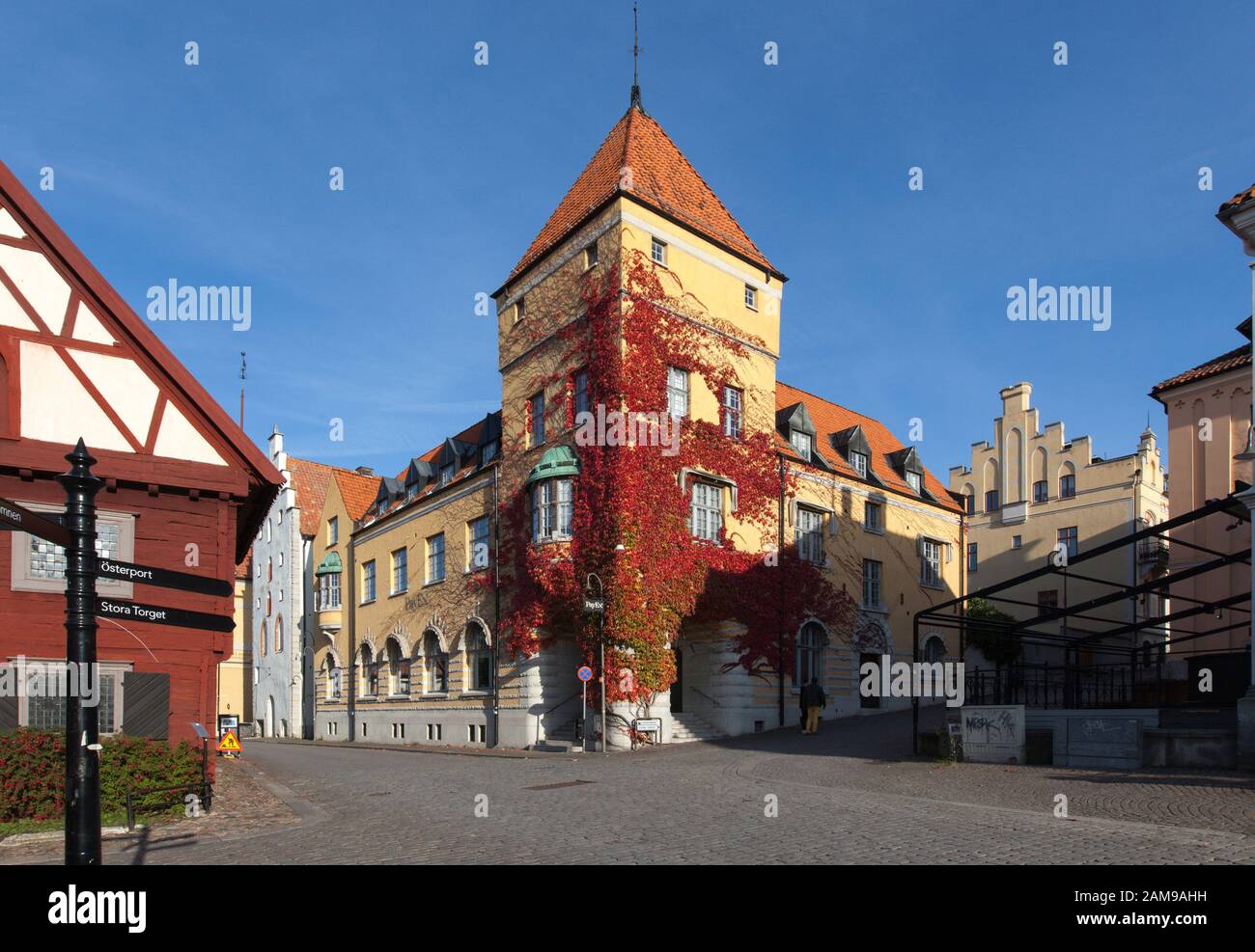 VISBY, SWEDEN ON OCTOBER 11, 2019. Street view of buildings. Old house, homes in the town. Unidentified folk. Editorial use. Stock Photo