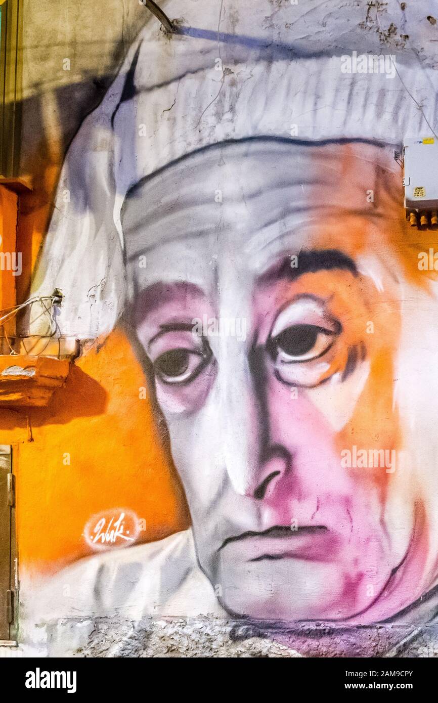 NAPLES, ITALY - JANUARY 4, 2020: light is enlightening street art dedicated to the famous Italian comedian Antonio De Curtis, Totò Stock Photo