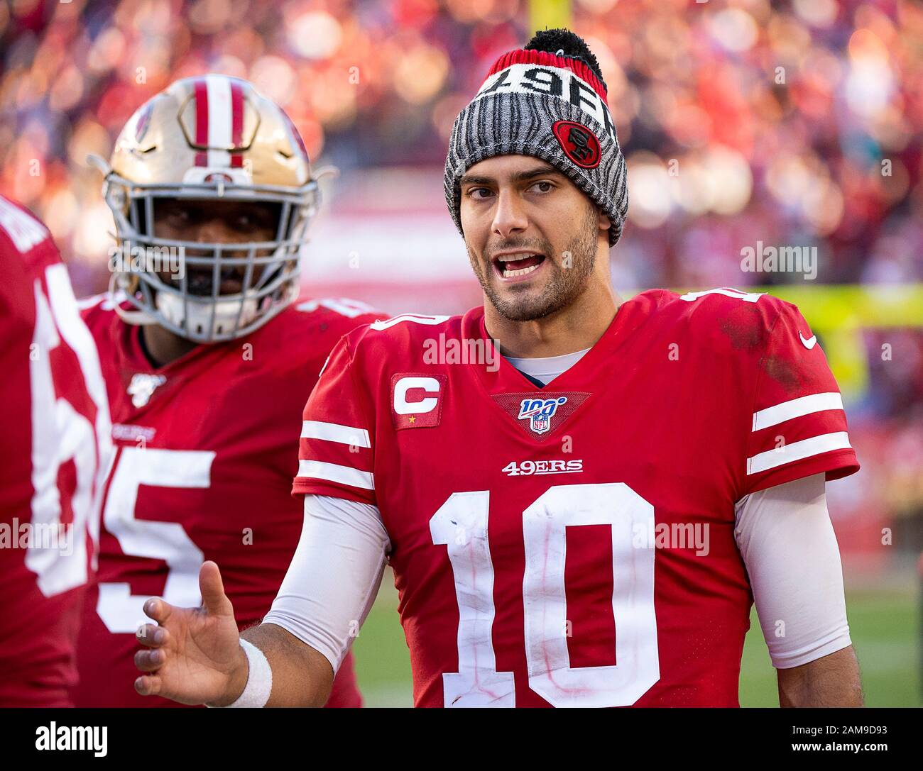 Santa Clara Ca Usa 11th Jan 2020 San Francisco 49ers Quarterback Jimmy Garoppolo 10 Talk To Teammates From The Sidelines During An Nfc Playoff Game At The Levi S Stadium On Saturday Jan