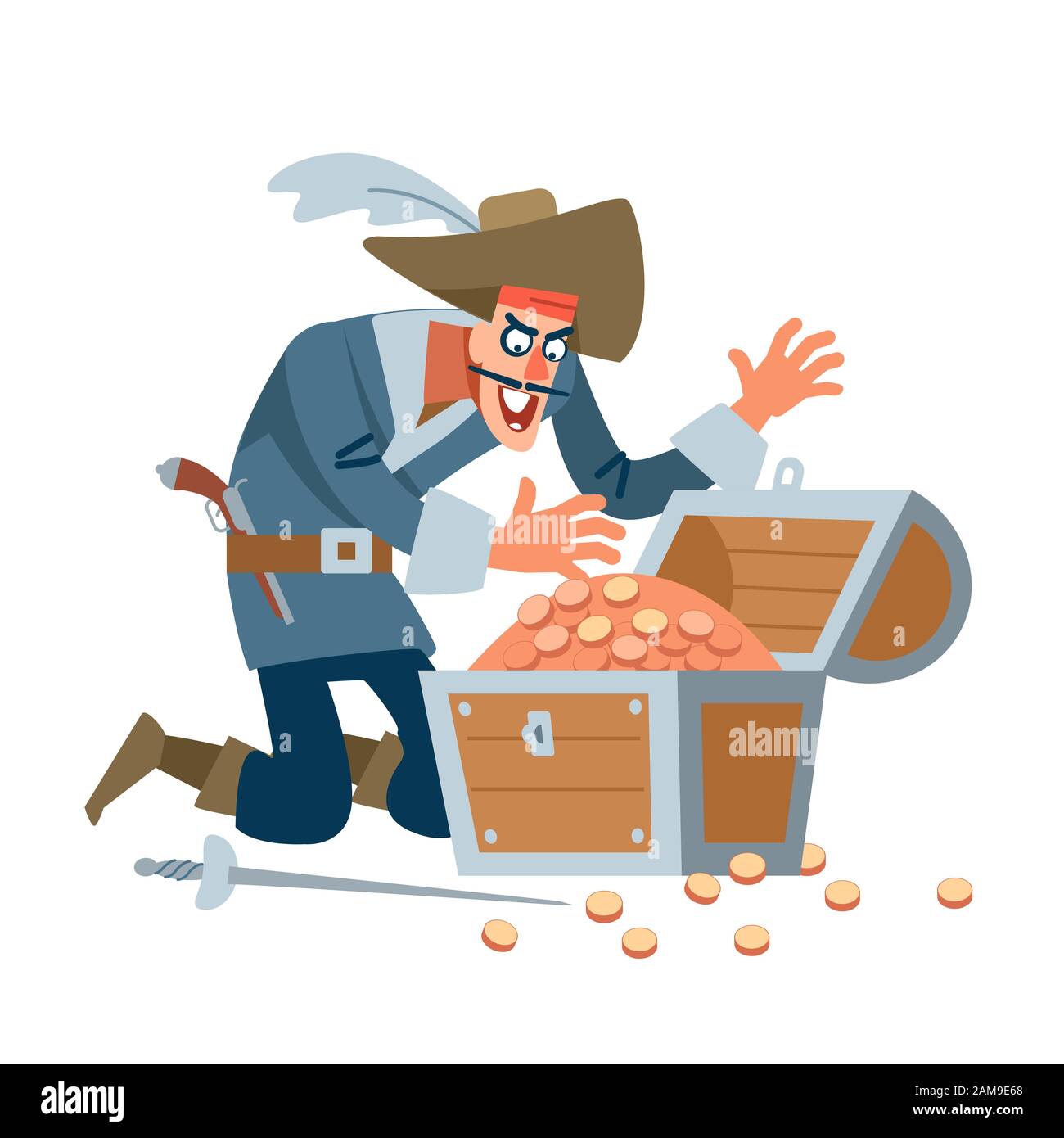 Pirate captain is happy found treasure chest of gold. Vector cartoon illustration flat Stock Vector