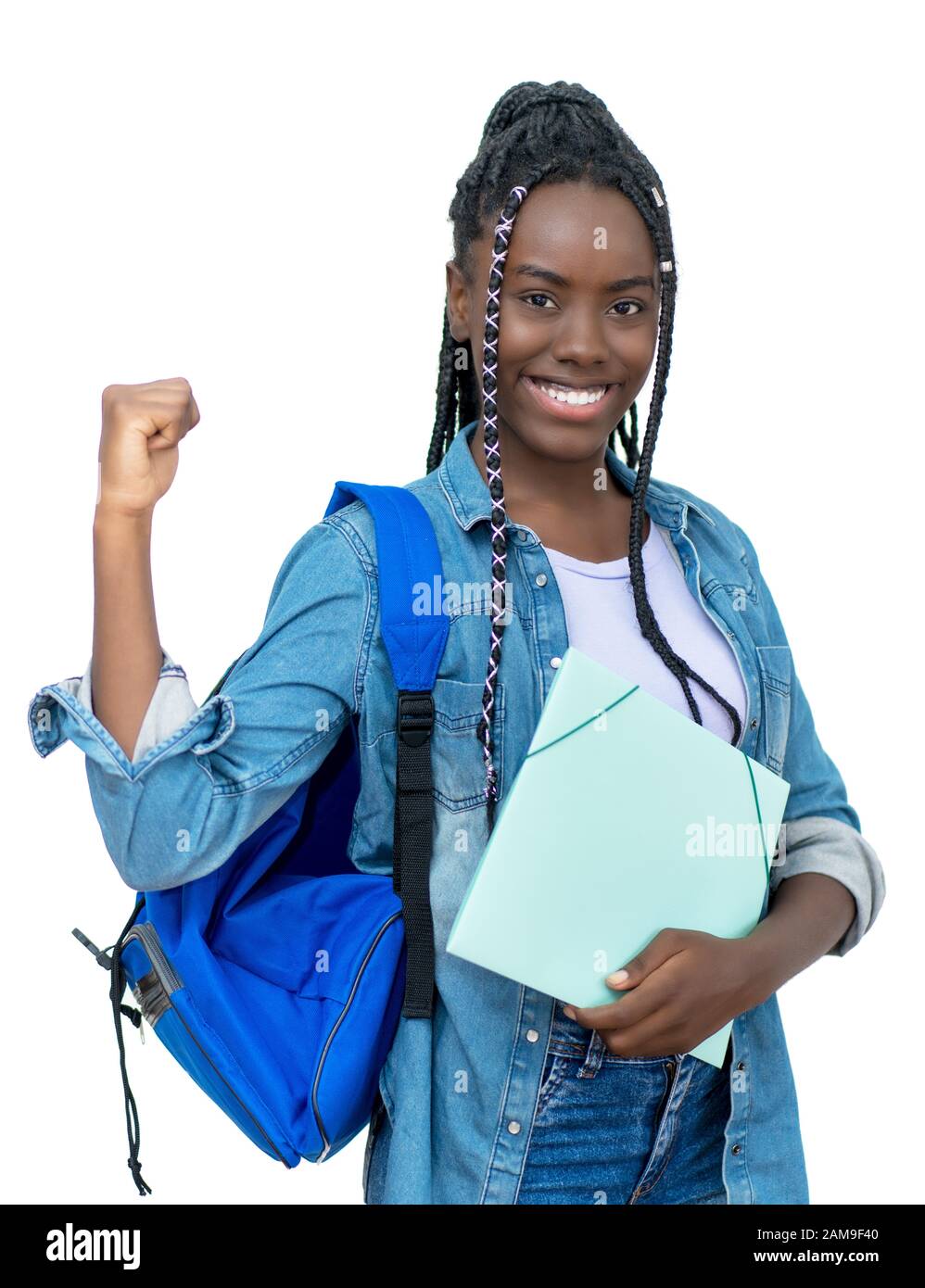 Cheering african female student with dreadlocks on isolated white background for cut out Stock Photo
