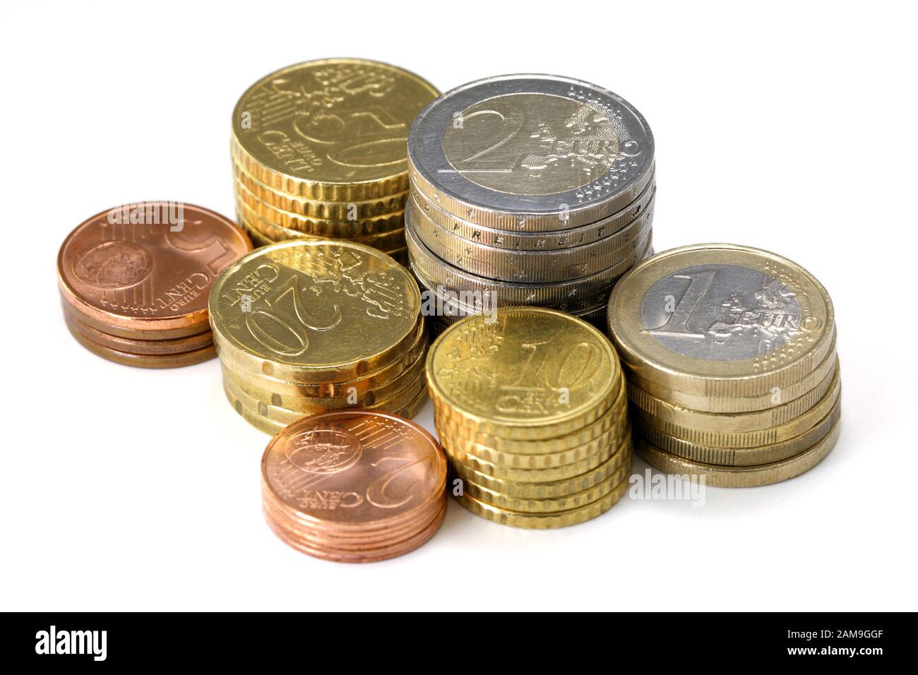 euro coins with stacks of european currency Stock Photo