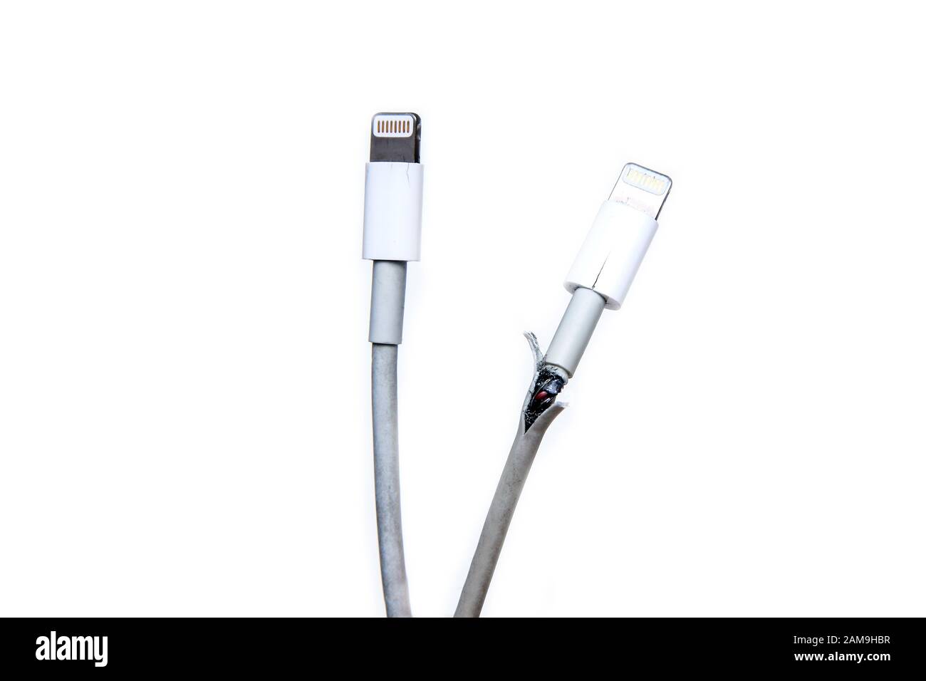 The broken and frayed cable from the charger for the smart phones